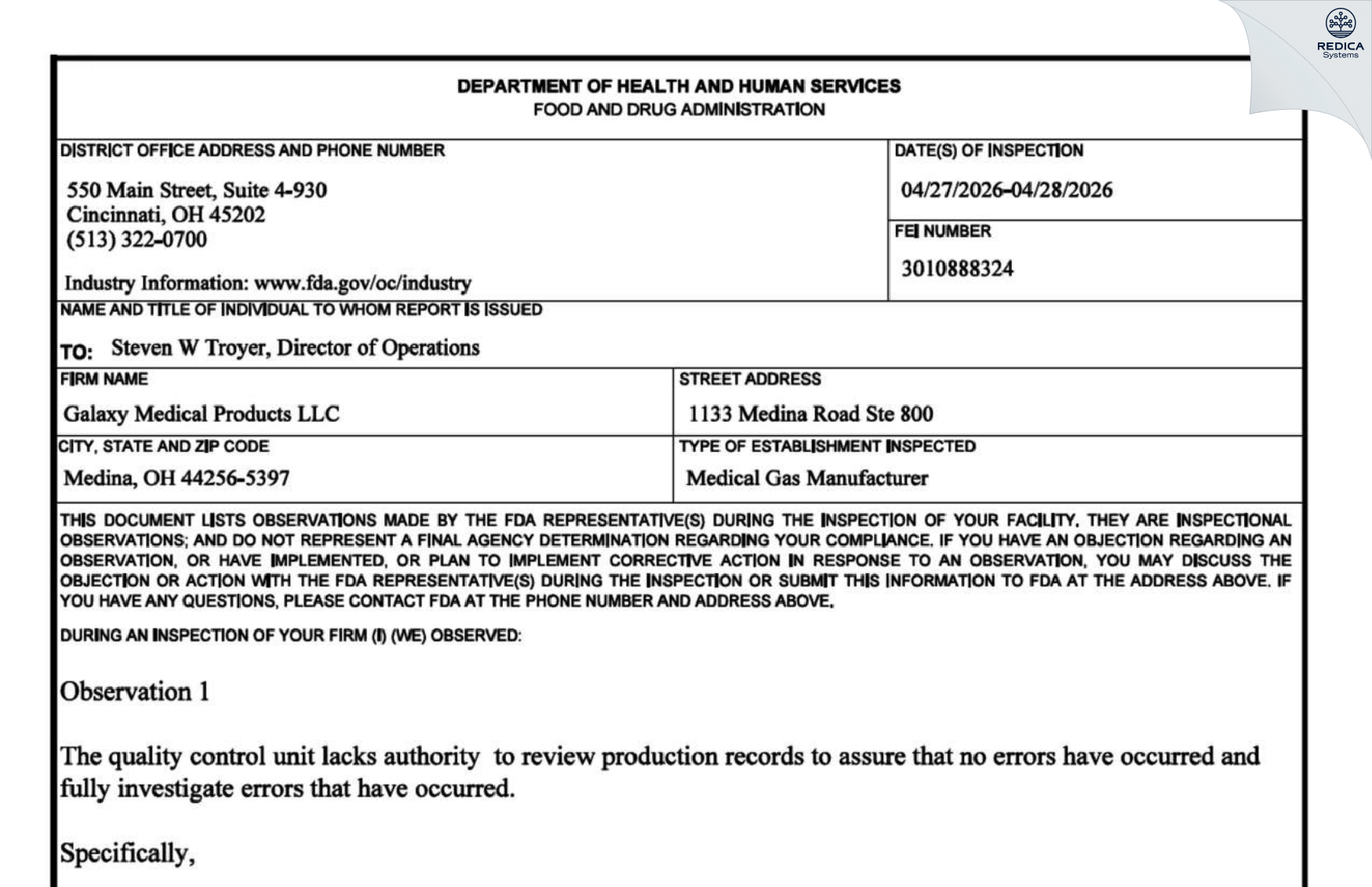 FDA 483 - Galaxy Medical Products, LLC [Medina / United States of America] - Download PDF - Redica Systems