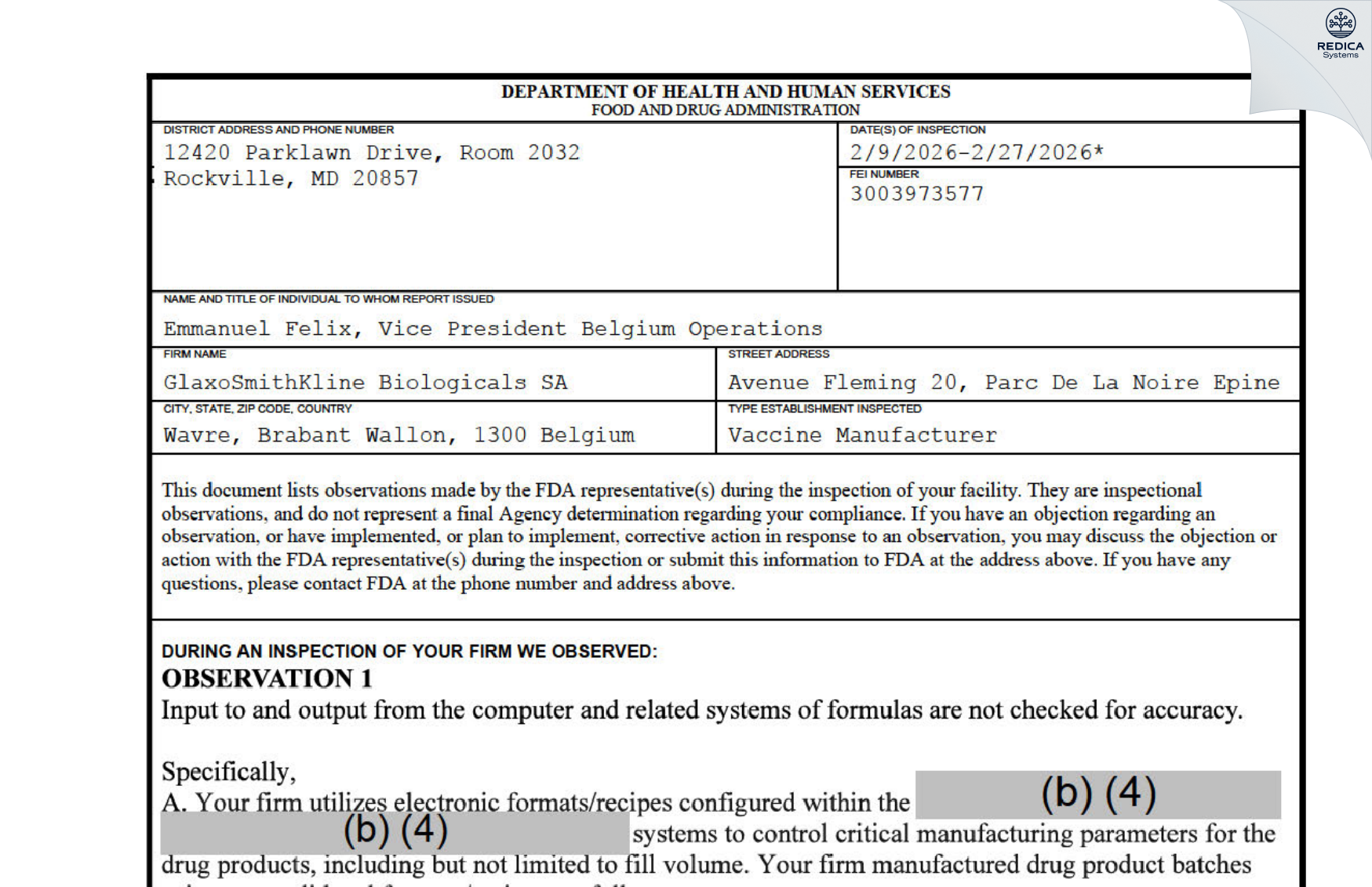 FDA 483 - GlaxoSmithKline Biologicals SA [Wavre / Belgium] - Download PDF - Redica Systems