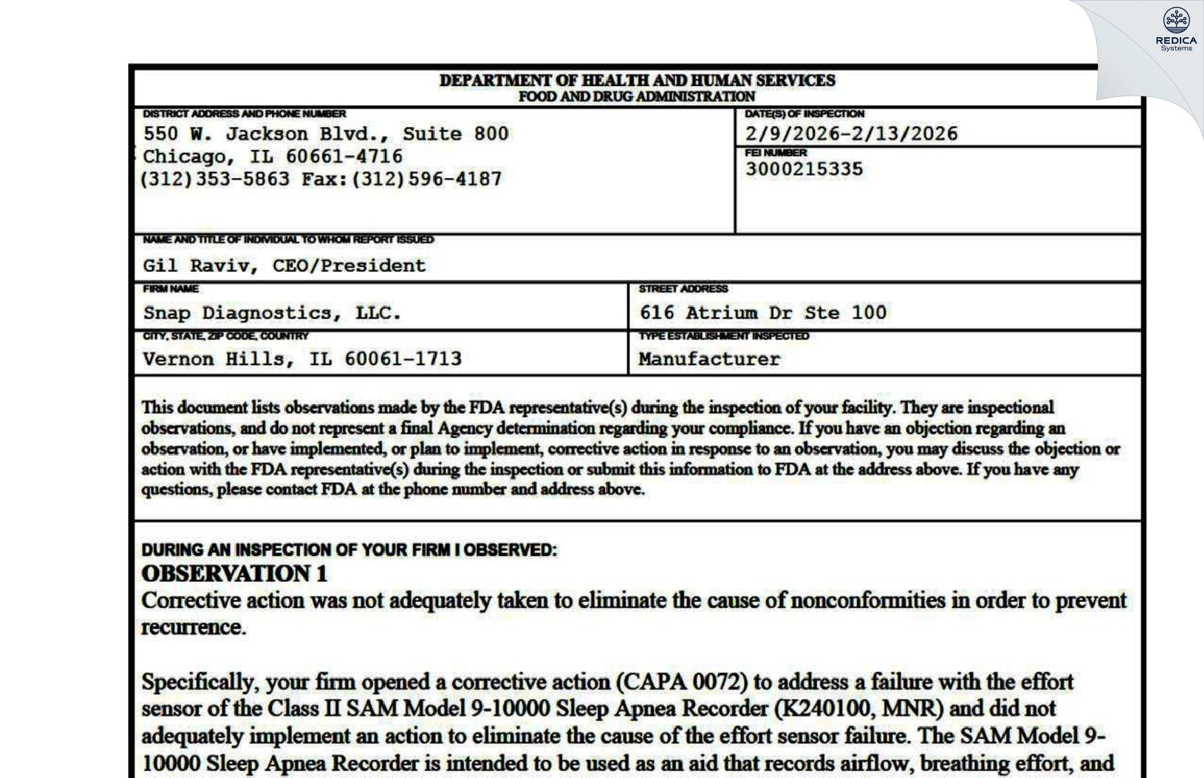 FDA 483 - Snap Diagnostics, LLC. [Wheeling / United States of America] - Download PDF - Redica Systems