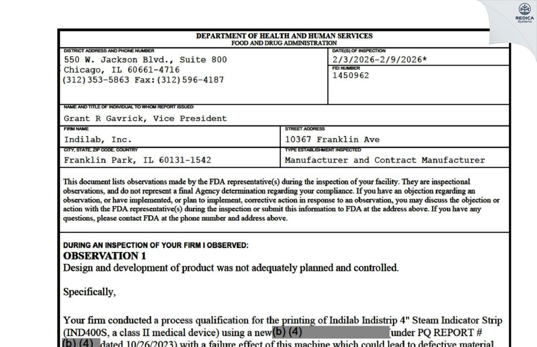 FDA 483 - Indilab, Inc. [Franklin Park / United States of America] - Download PDF - Redica Systems