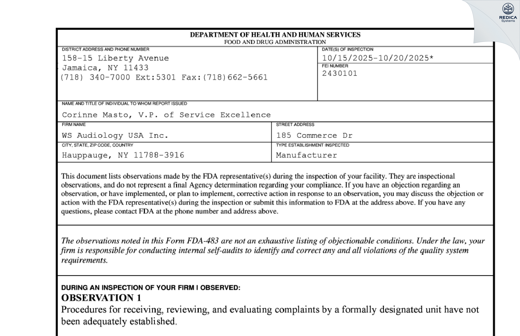 FDA 483 - Widex Hearing Aid [Hauppauge / United States of America] - Download PDF - Redica Systems