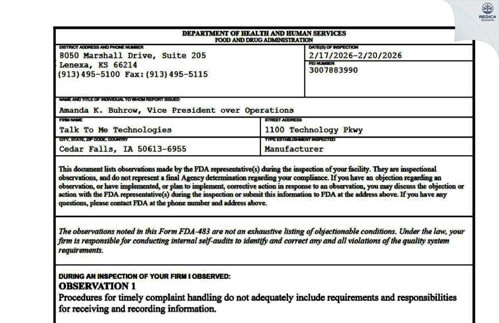 FDA 483 - Talk To Me Technologies [Cedar Falls / United States of America] - Download PDF - Redica Systems