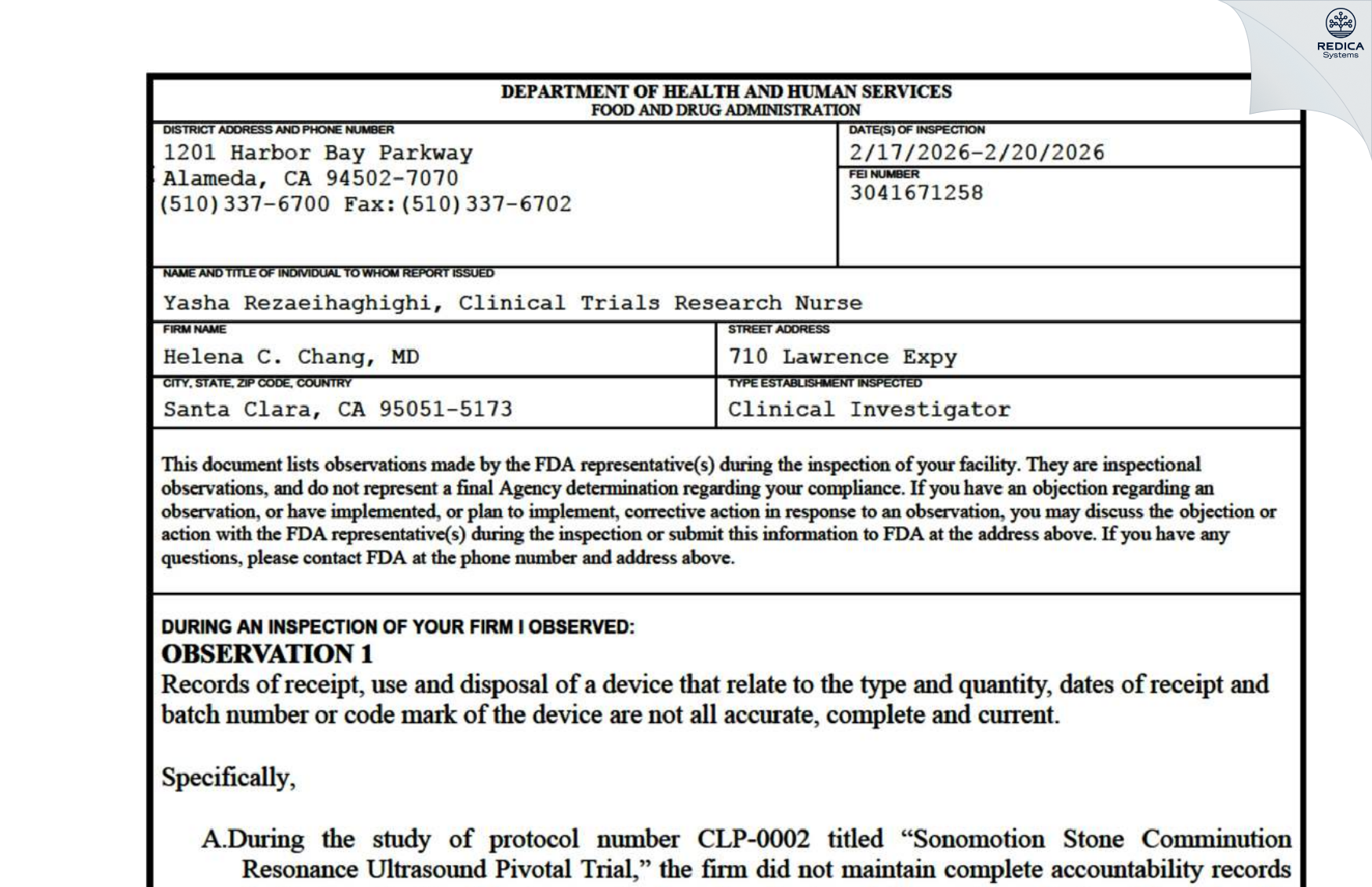 FDA 483 - Helena C. Chang, MD [Santa Clara / United States of America] - Download PDF - Redica Systems