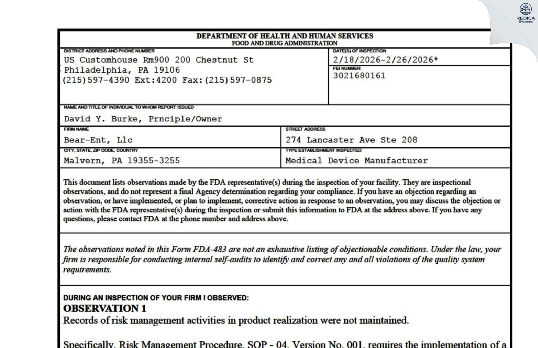 FDA 483 - BEAR-ENT, LLC [Malvern / United States of America] - Download PDF - Redica Systems
