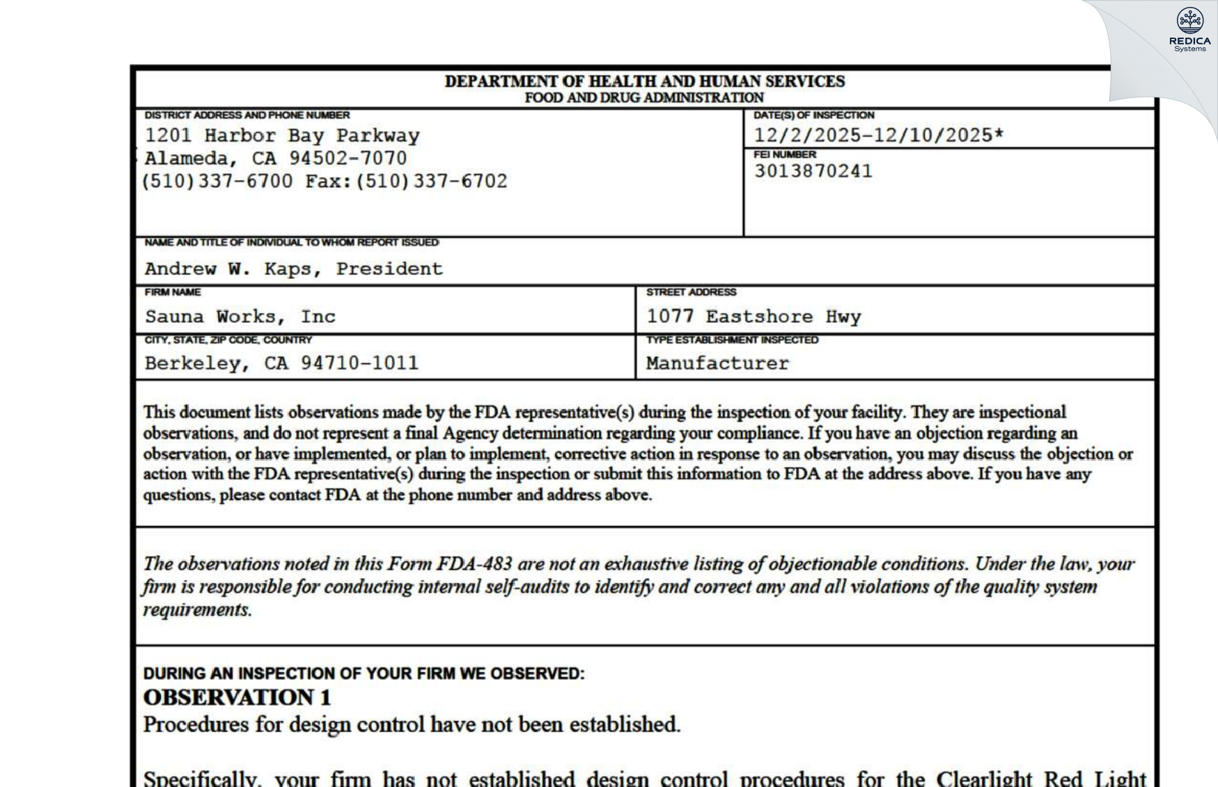 FDA 483 - SAUNA WORKS, INC. [Berkeley / United States of America] - Download PDF - Redica Systems