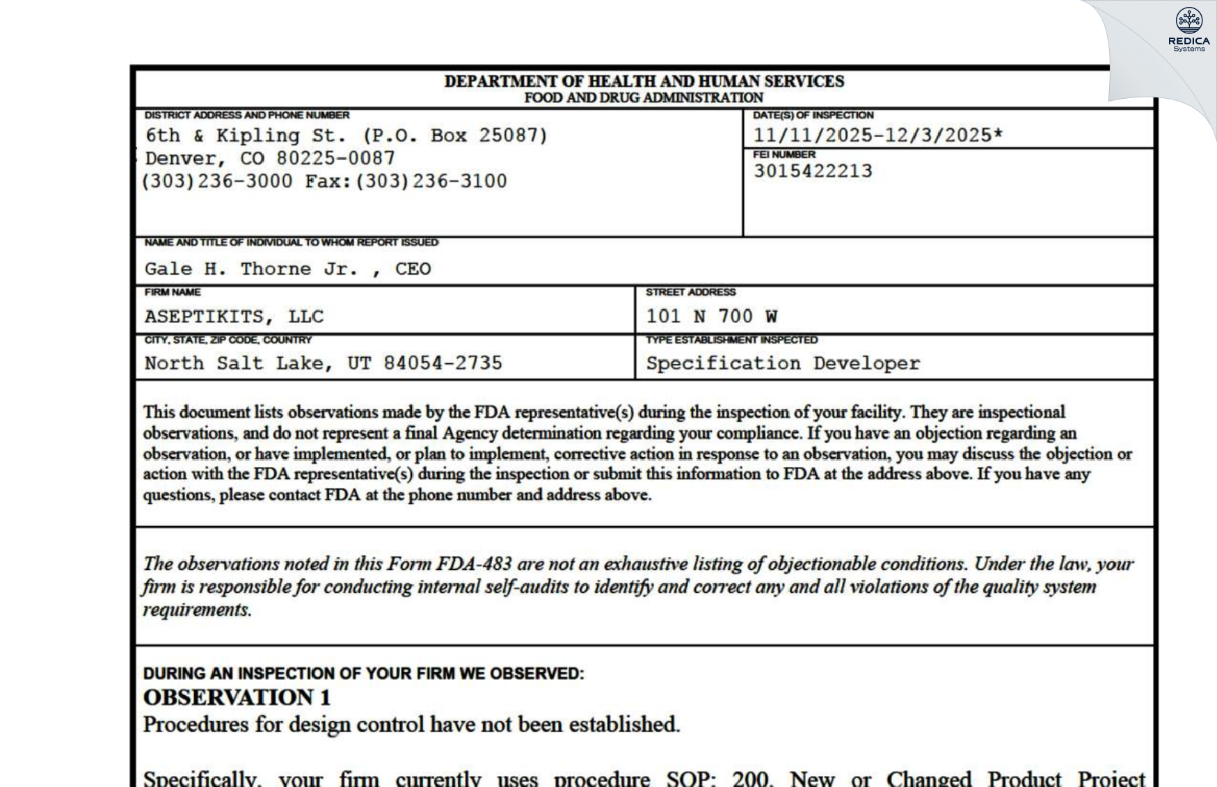 FDA 483 - ASEPTIKITS, LLC [North Salt Lake / United States of America] - Download PDF - Redica Systems