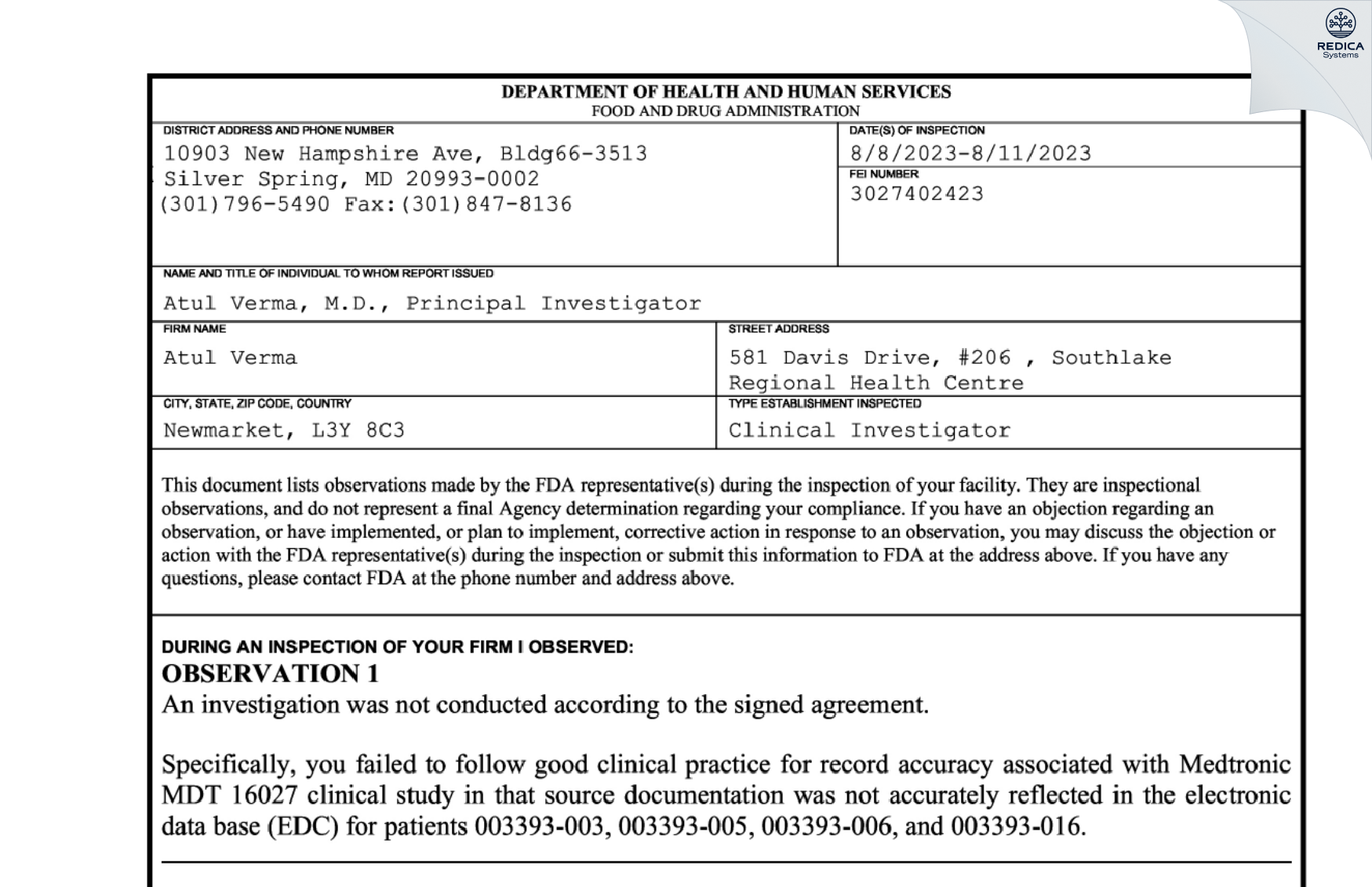 FDA 483 - Atul Verma [Newmarket / Canada] - Download PDF - Redica Systems