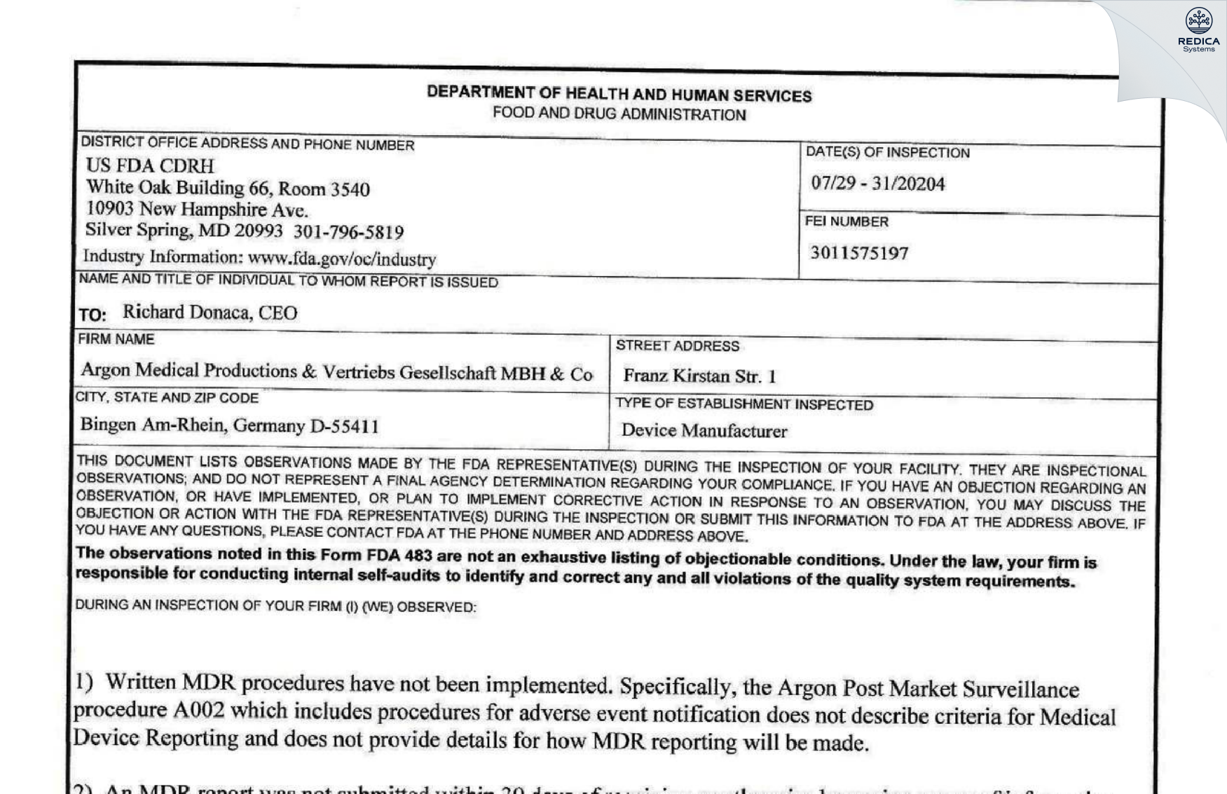 FDA 483 - Argon Medical Productions & Vertriebs GmbH & Co. KG [Bingen Am Rhein / Germany] - Download PDF - Redica Systems