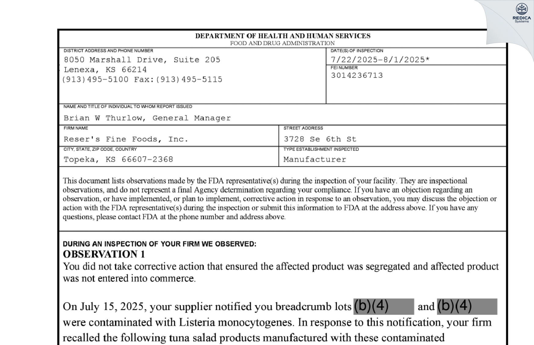 FDA 483 - Reser's Fine Foods, Inc. [Topeka / United States of America] - Download PDF - Redica Systems