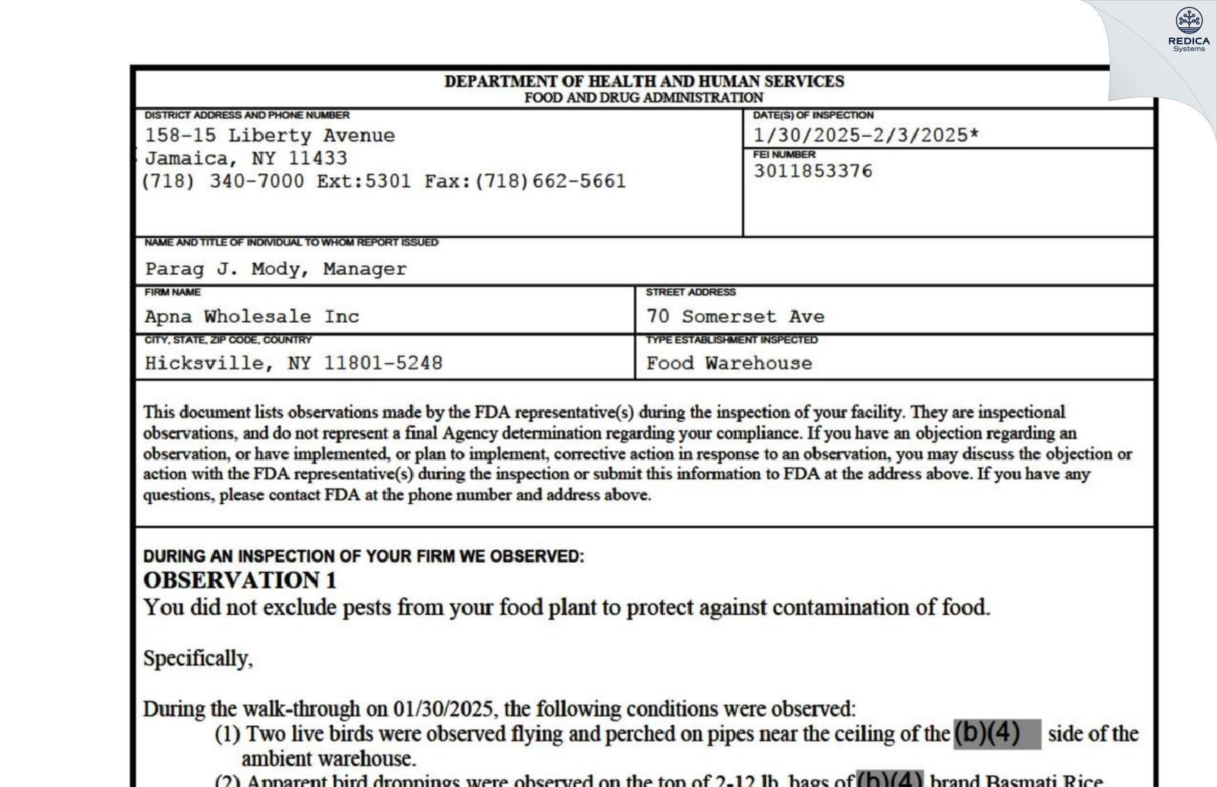 FDA 483 - Apna Wholesale Inc. [Hicksville / United States of America] - Download PDF - Redica Systems