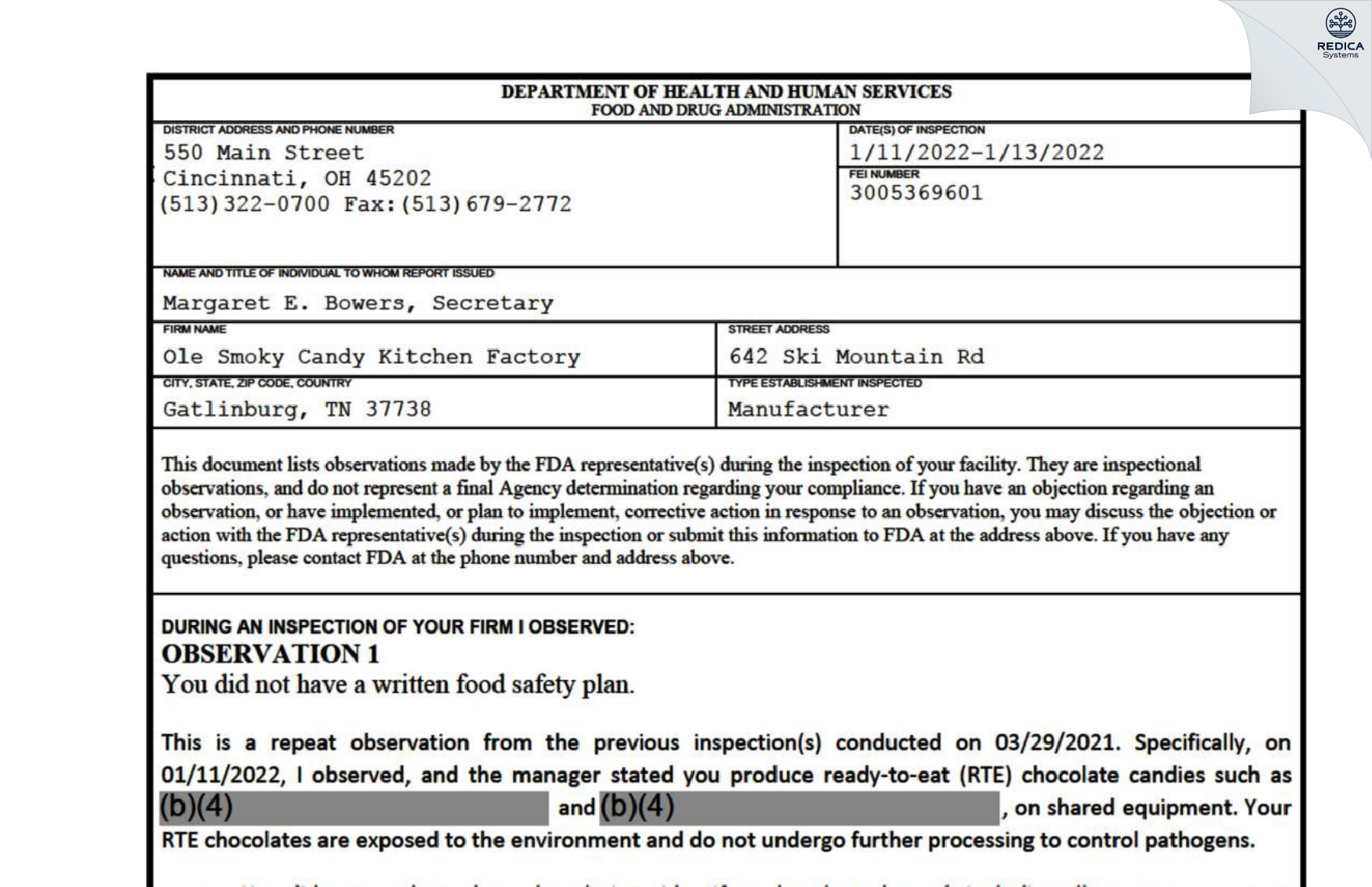 FDA 483 - Ole Smoky Candy Kitchen Factory [Gatlinburg / United States of America] - Download PDF - Redica Systems
