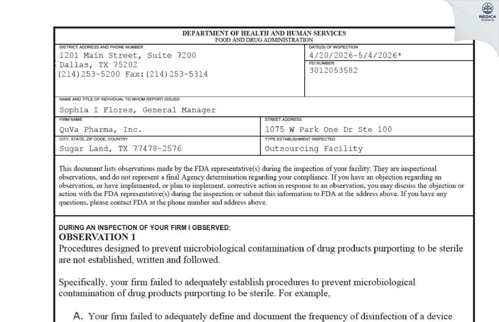 FDA 483 - QuVa Pharma, Inc. [Sugar Land / United States of America] - Download PDF - Redica Systems