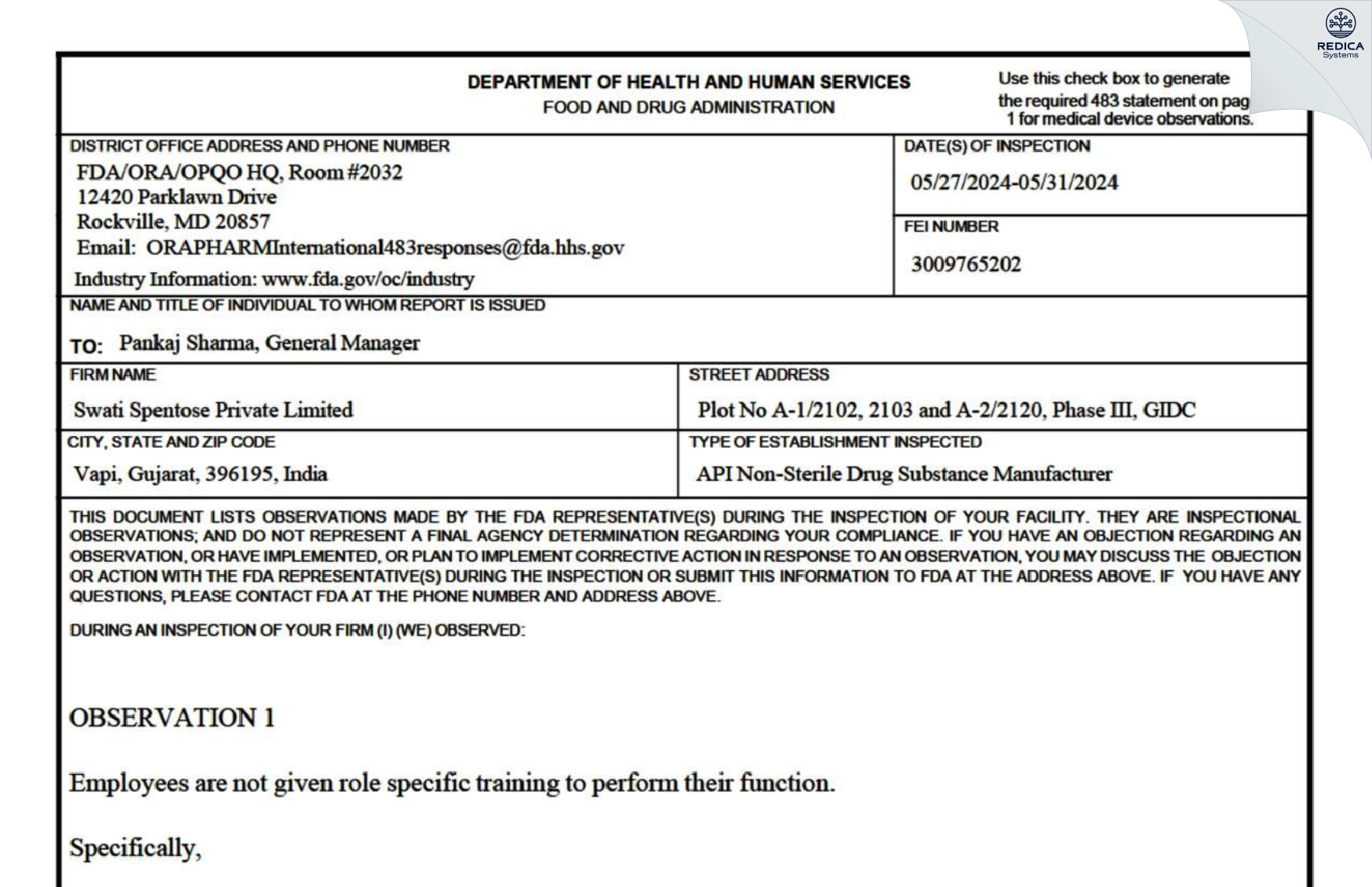 FDA 483 - Swati Spentose Private Limited [Vapi / India] - Download PDF - Redica Systems