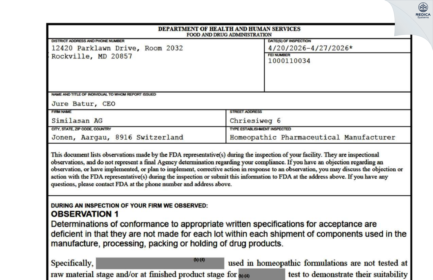 FDA 483 - Similasan AG [Jonen / Switzerland] - Download PDF - Redica Systems