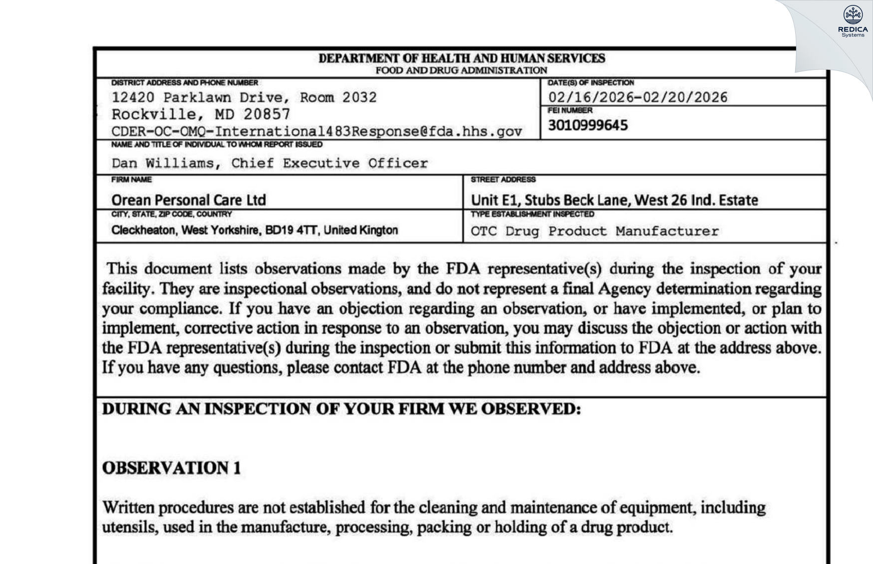 FDA 483 - Orean Personal Care Ltd. [Kirklees / United Kingdom of Great Britain and Northern Ireland] - Download PDF - Redica Systems