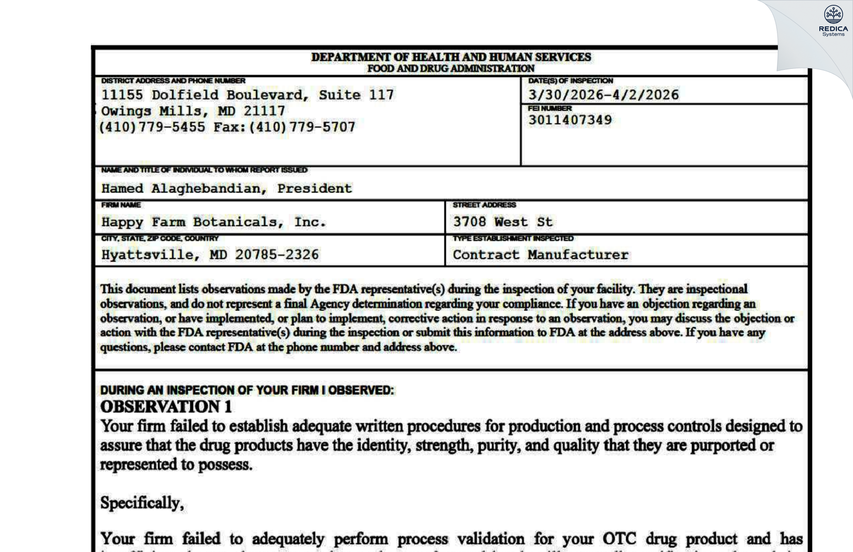 FDA 483 - Happy Farm Botanicals Inc. [Hyattsville / United States of America] - Download PDF - Redica Systems