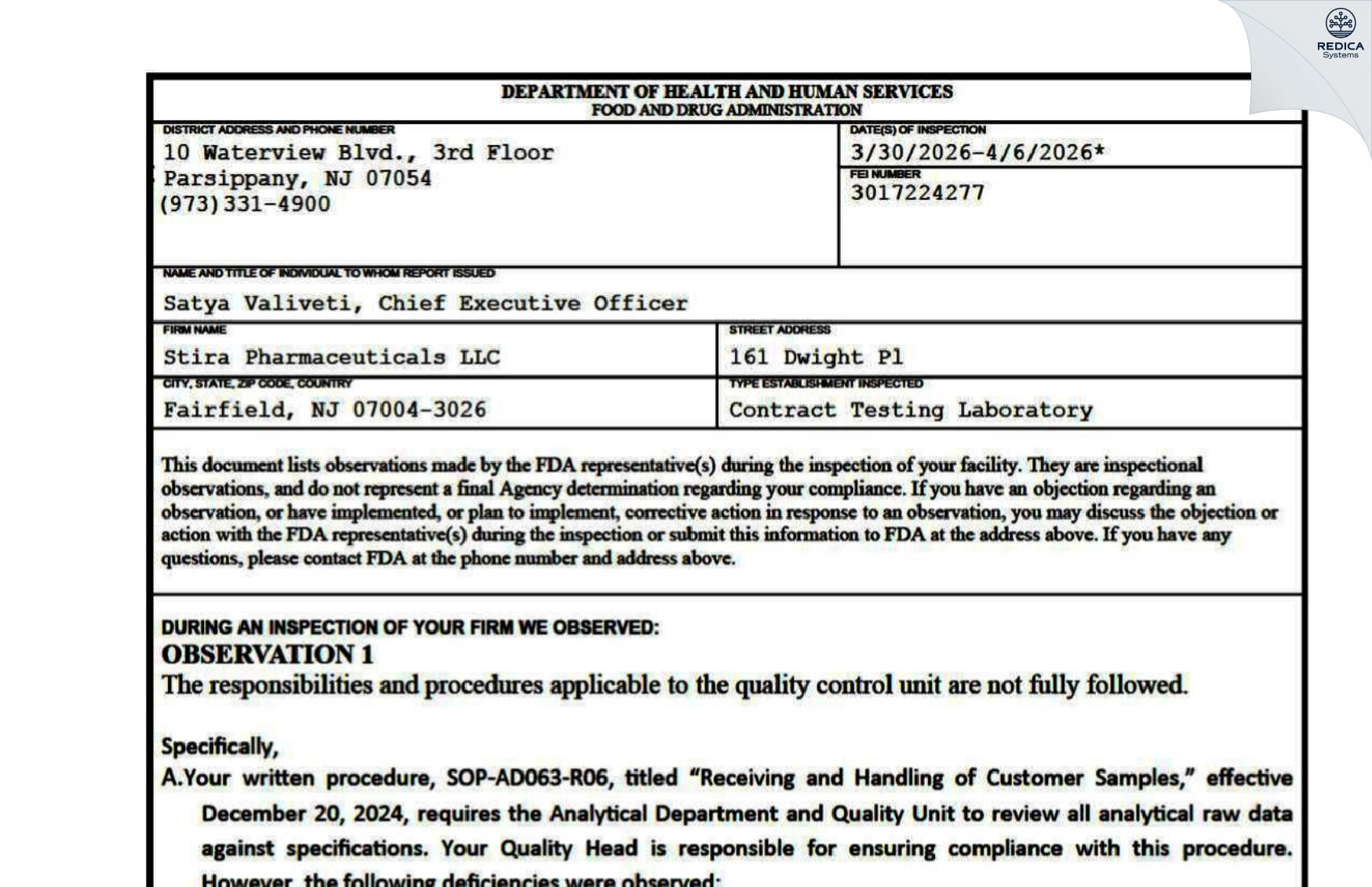 FDA 483 - STIRA PHARMACEUTICALS LLC [Fairfield / United States of America] - Download PDF - Redica Systems