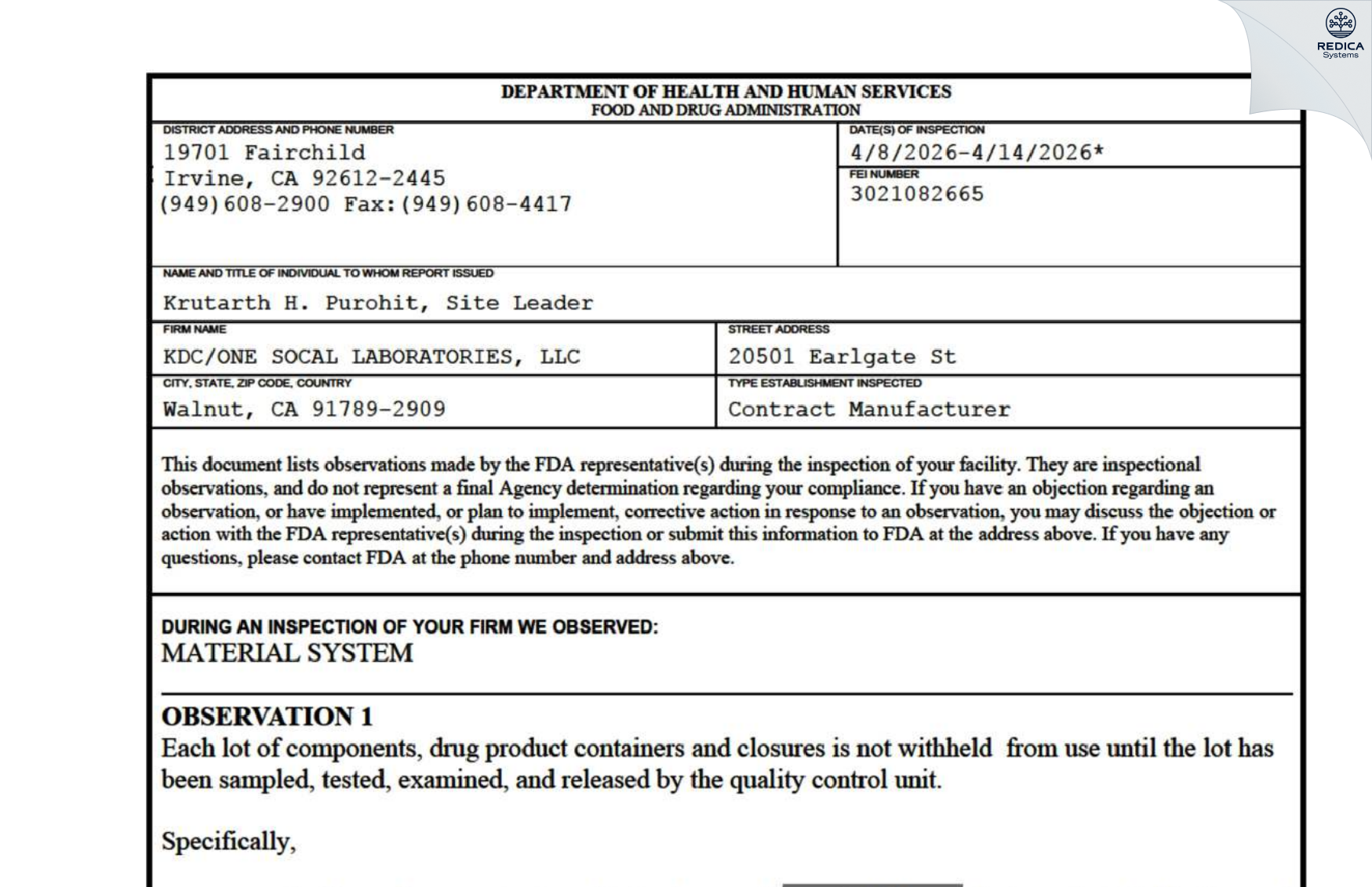 FDA 483 - KDC/ONE SOCAL LABORATORIES, LLC [Walnut / United States of America] - Download PDF - Redica Systems