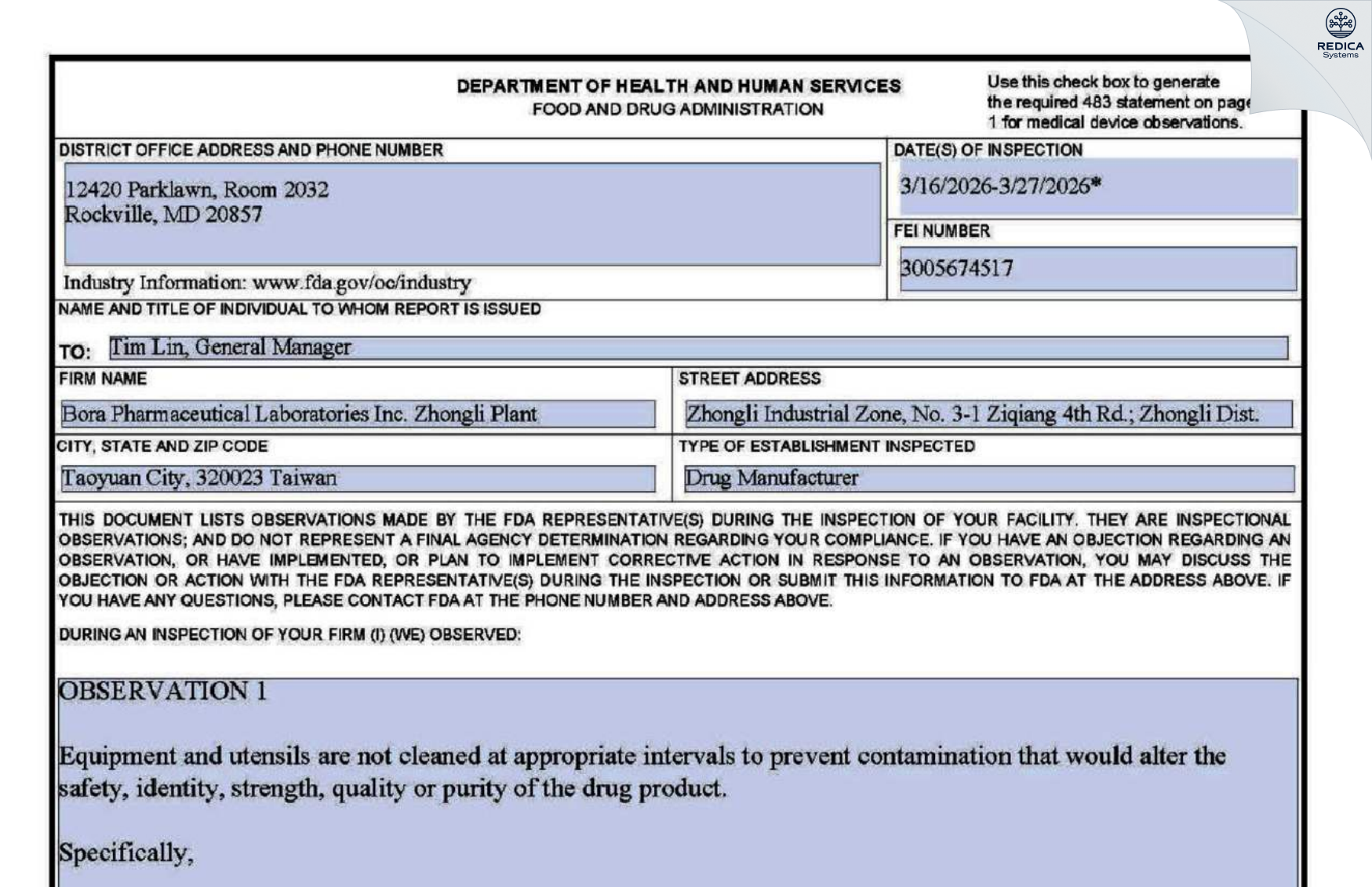 FDA 483 - TWi Pharmaceuticals, Inc. [Neihu District / Taiwan] - Download PDF - Redica Systems
