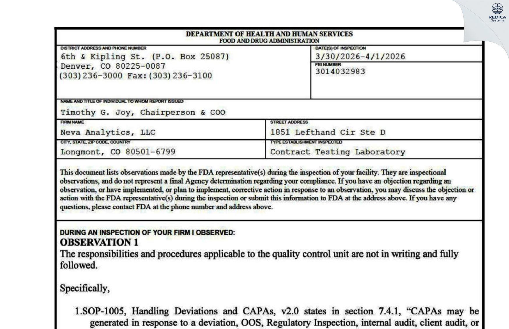 FDA 483 - Neva Analytics [Longmont / United States of America] - Download PDF - Redica Systems