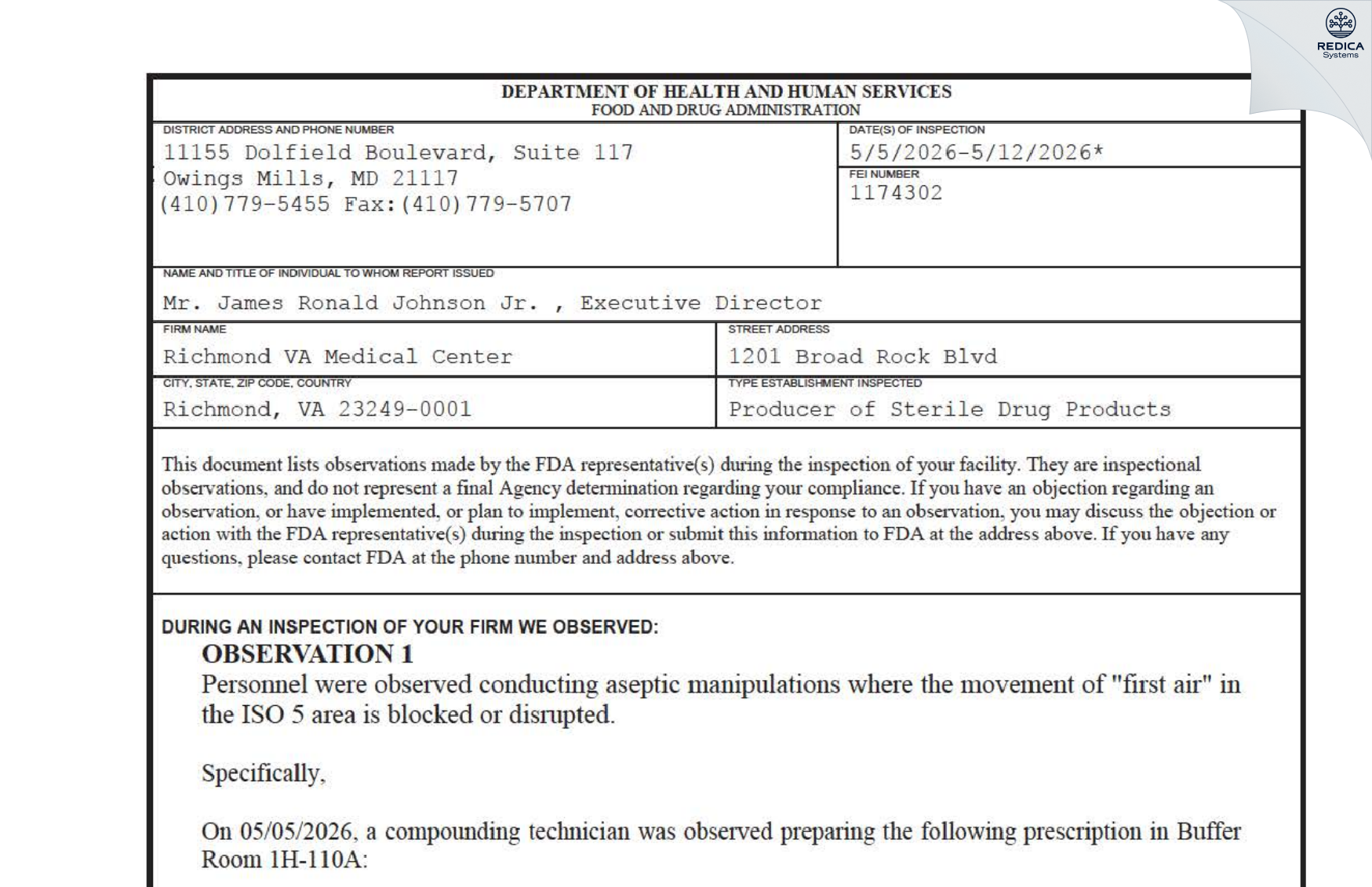 FDA 483 - Richmond VA Medical Center [Richmond / United States of America] - Download PDF - Redica Systems