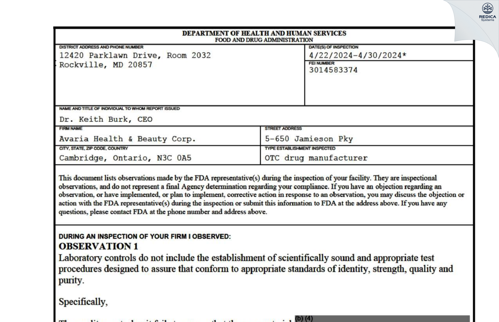 FDA 483 - Avaria Health & Beauty Corp [Cambridge / Canada] - Download PDF - Redica Systems