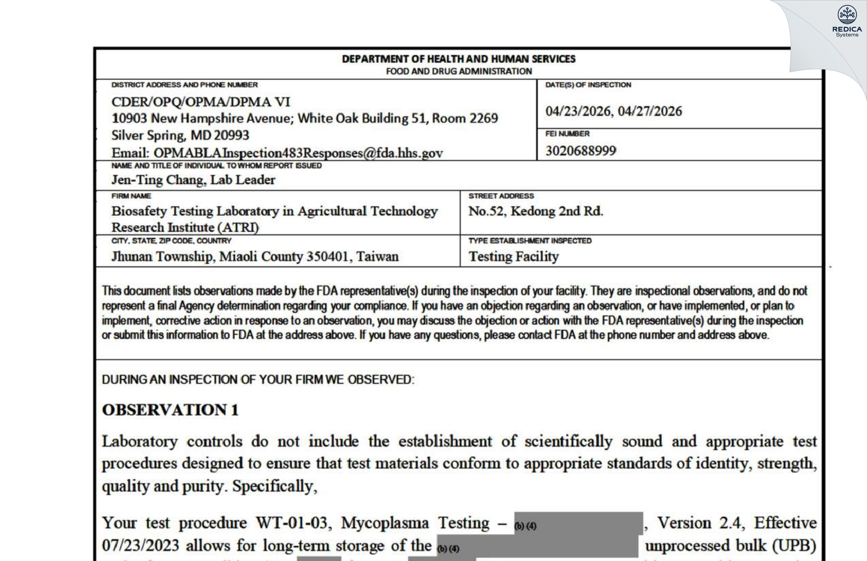 FDA 483 - Agricultural Technology Research Institute (ATRI) [Zhu Nan Zhen / Taiwan] - Download PDF - Redica Systems