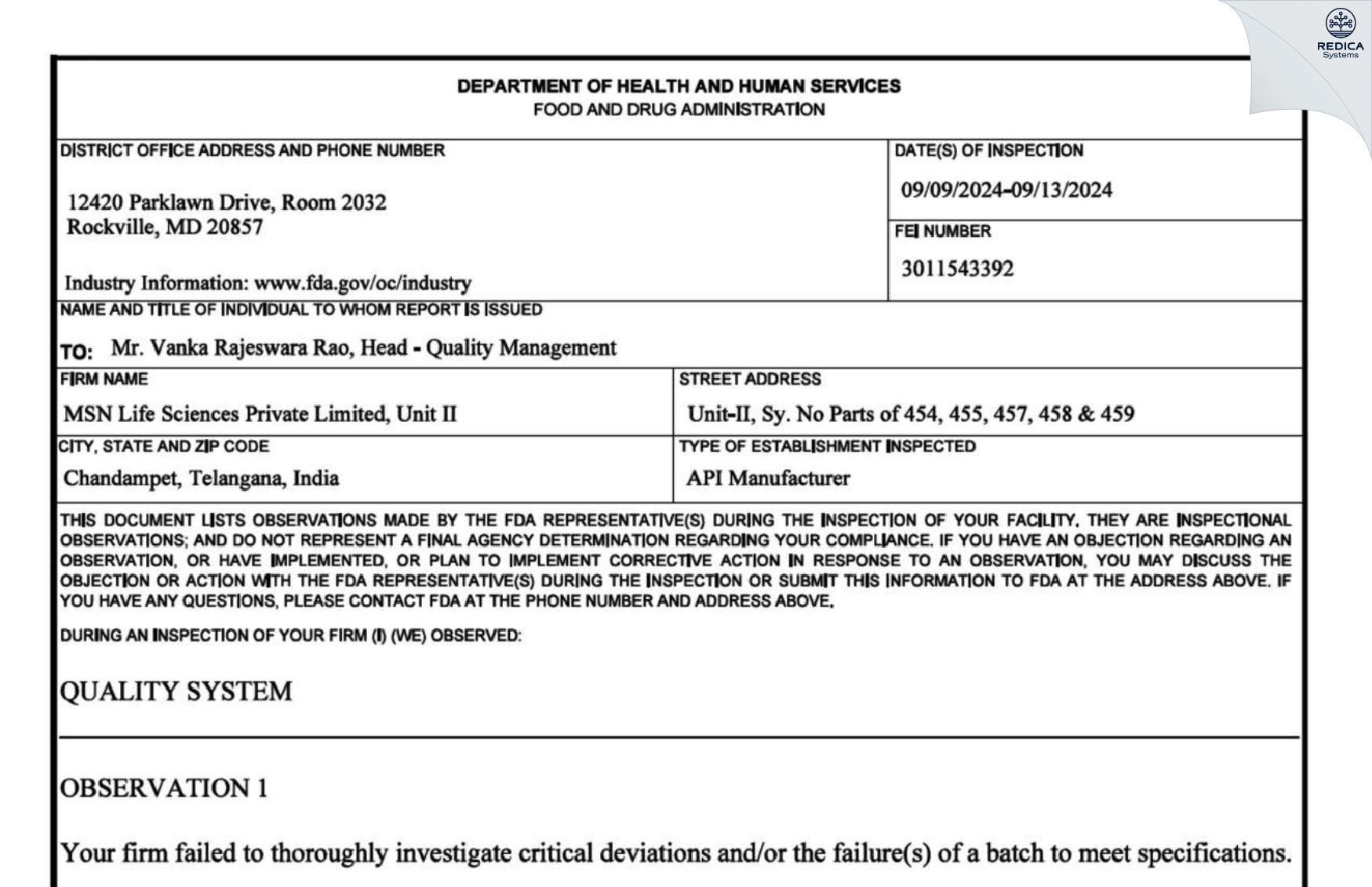 FDA 483 - MSN Life Sciences Private Limited [Chegunta / India] - Download PDF - Redica Systems