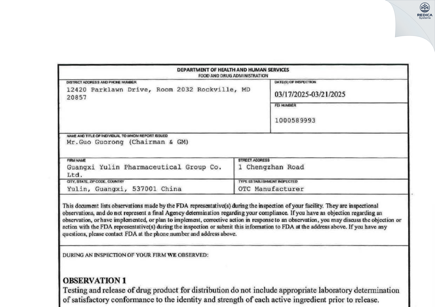 FDA 483 - GUANGXI YULIN PHARMACEUTICAL GROUP CO LTD [Yulin / China] - Download PDF - Redica Systems