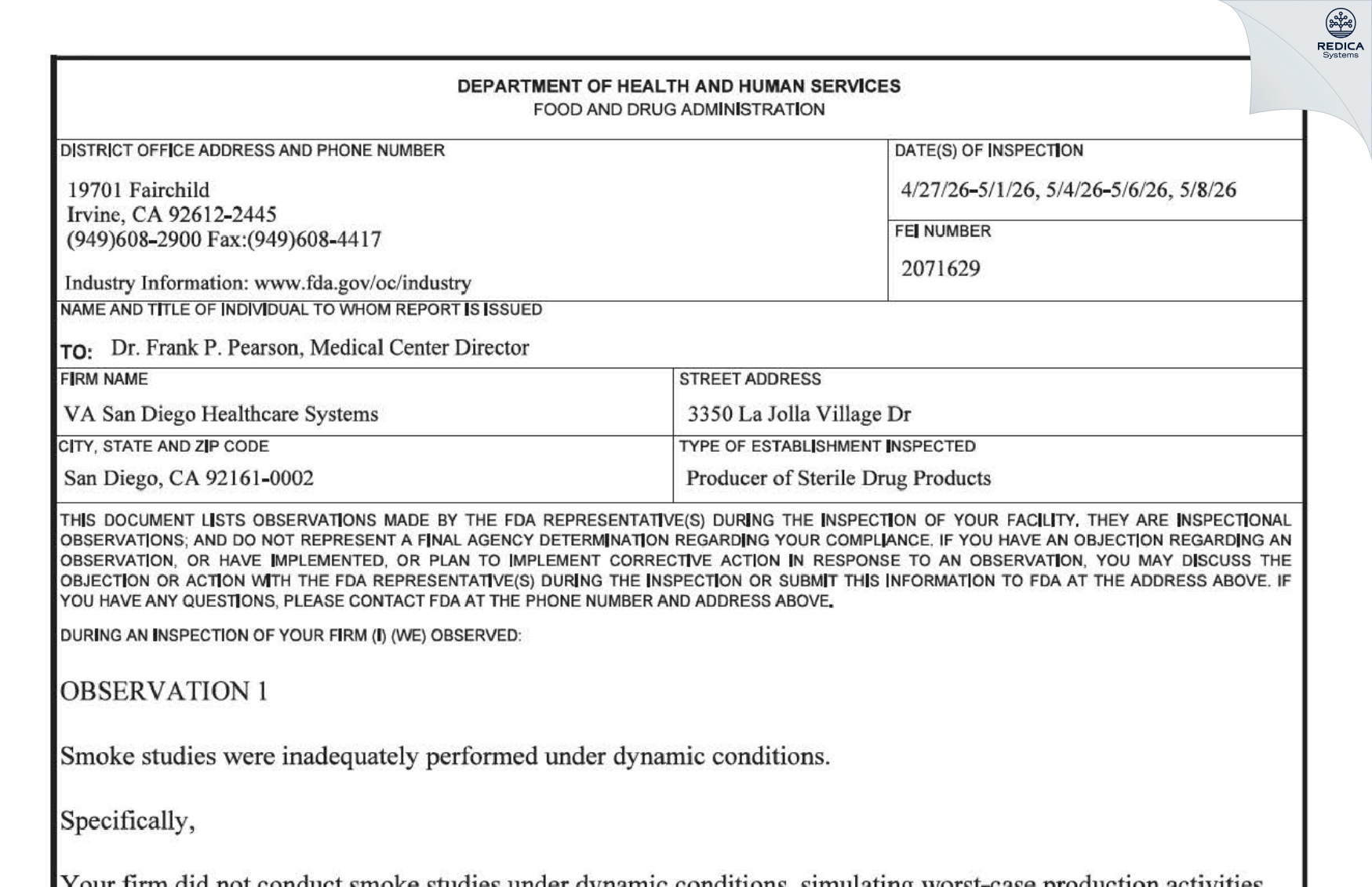 FDA 483 - VA San Diego Healthcare System [San Diego / United States of America] - Download PDF - Redica Systems