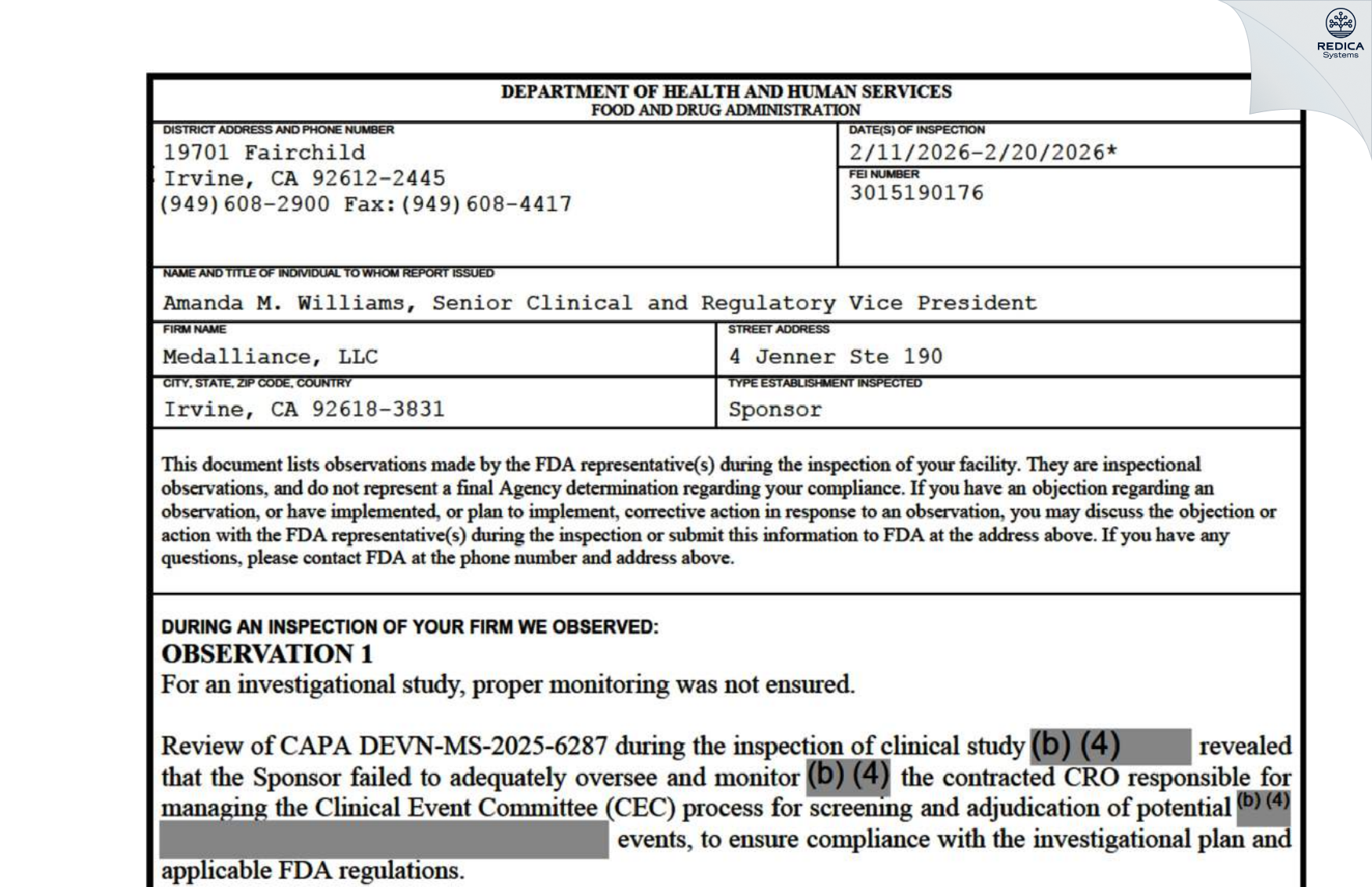 FDA 483 - MEDALLIANCE, LLC [Irvine / United States of America] - Download PDF - Redica Systems