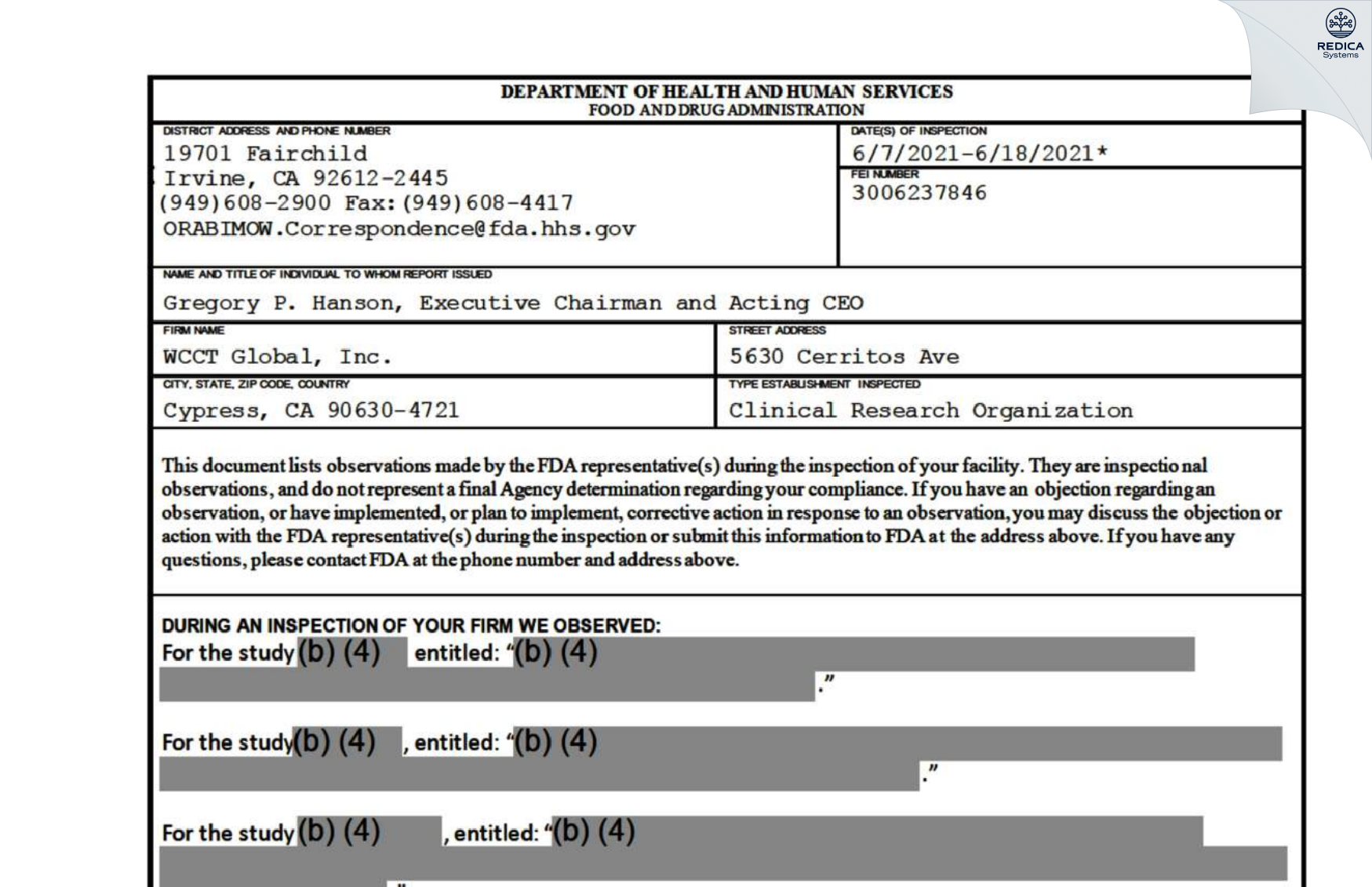 FDA 483 - WCCT Global, Inc [Cypress / United States of America] - Download PDF - Redica Systems