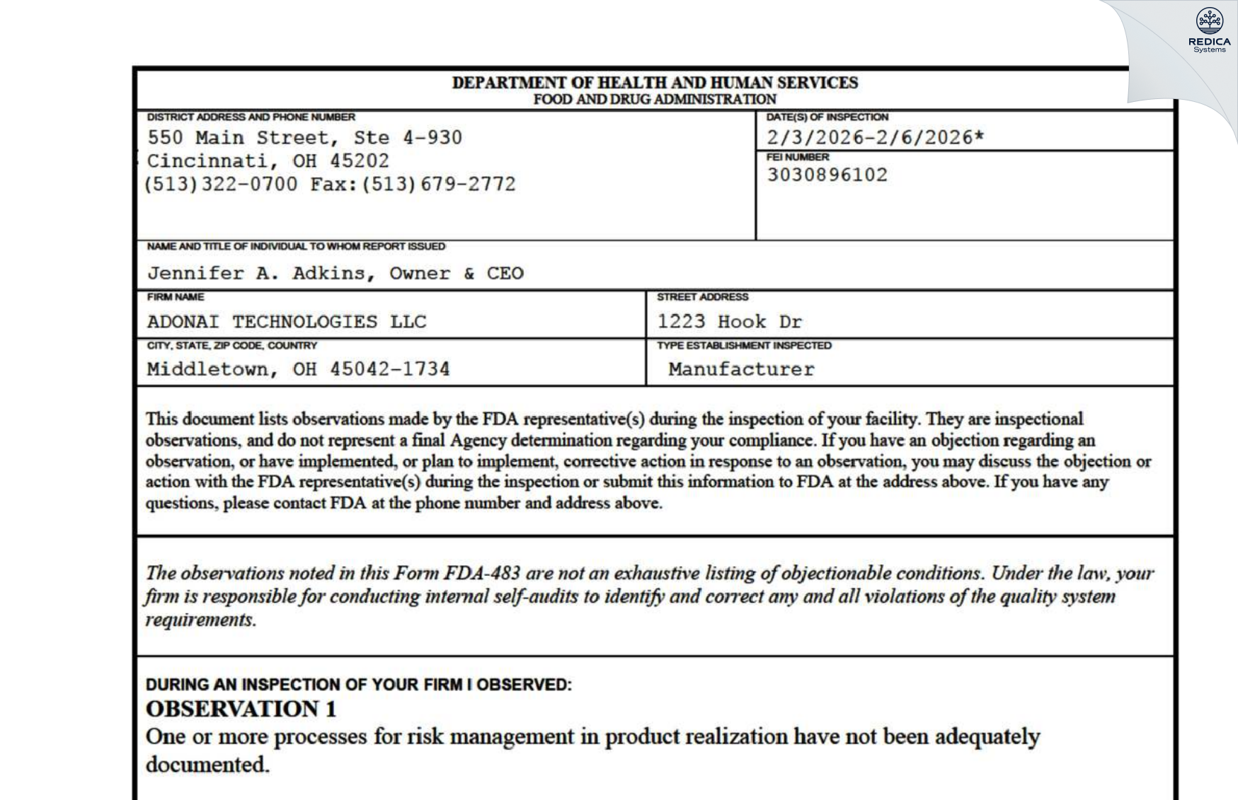 FDA 483 - Adonai Technologies LLC [Middletown / United States of America] - Download PDF - Redica Systems