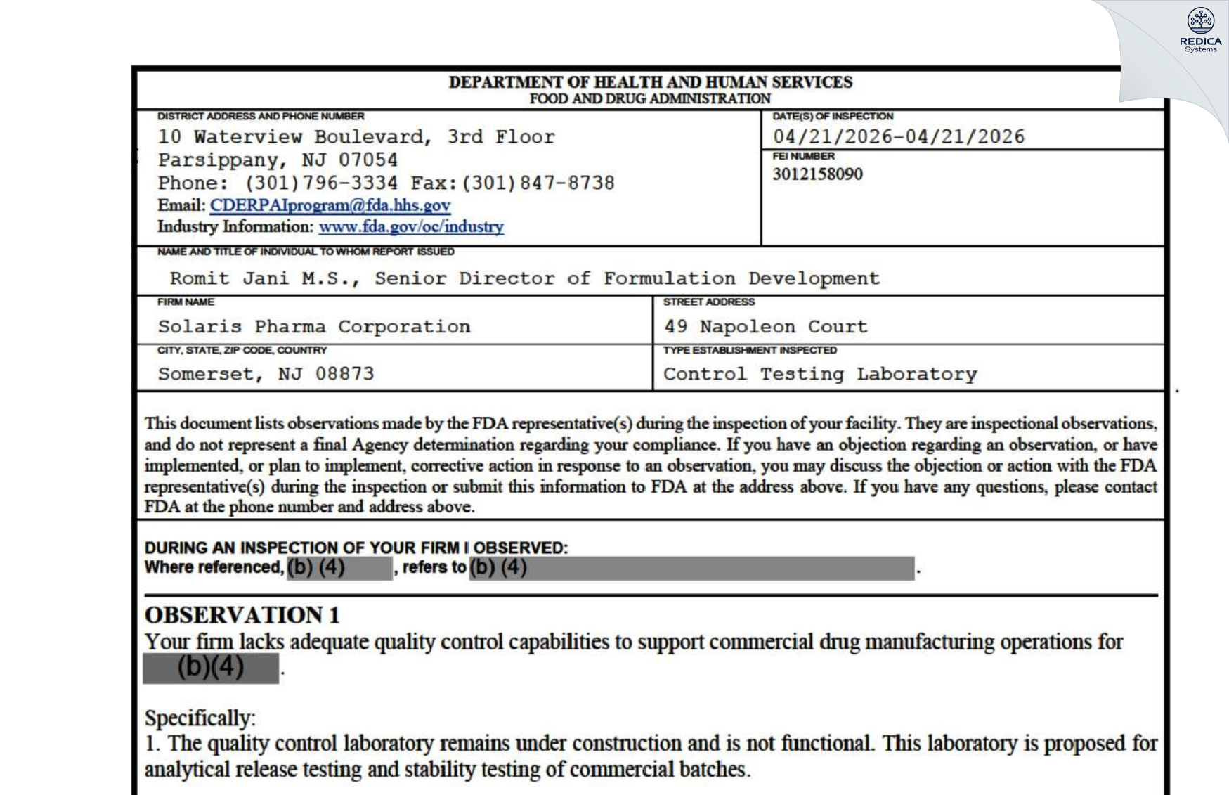 FDA 483 - Solaris Pharma Corporation [Bridgewater / United States of America] - Download PDF - Redica Systems