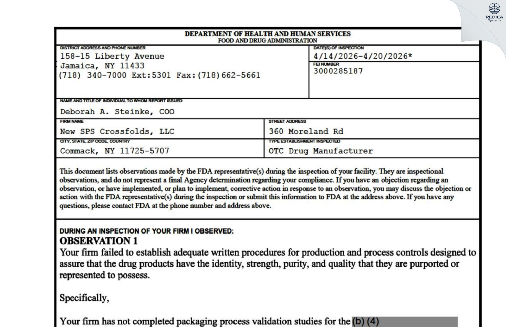 FDA 483 - Radienz Living,LLC [Commack / United States of America] - Download PDF - Redica Systems