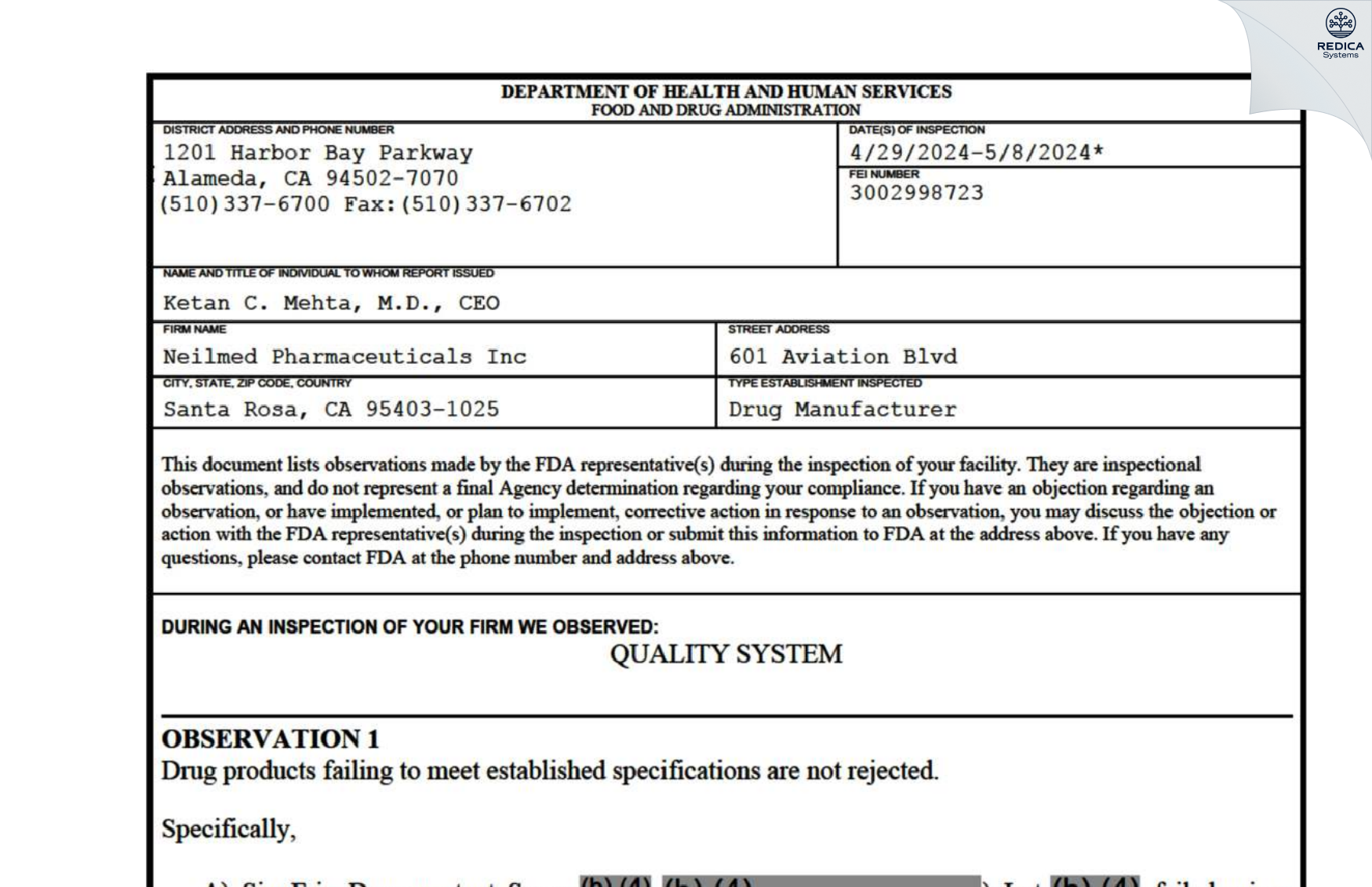 FDA 483 - NeilMed Pharmaceuticals, Inc [Santa Rosa / United States of America] - Download PDF - Redica Systems