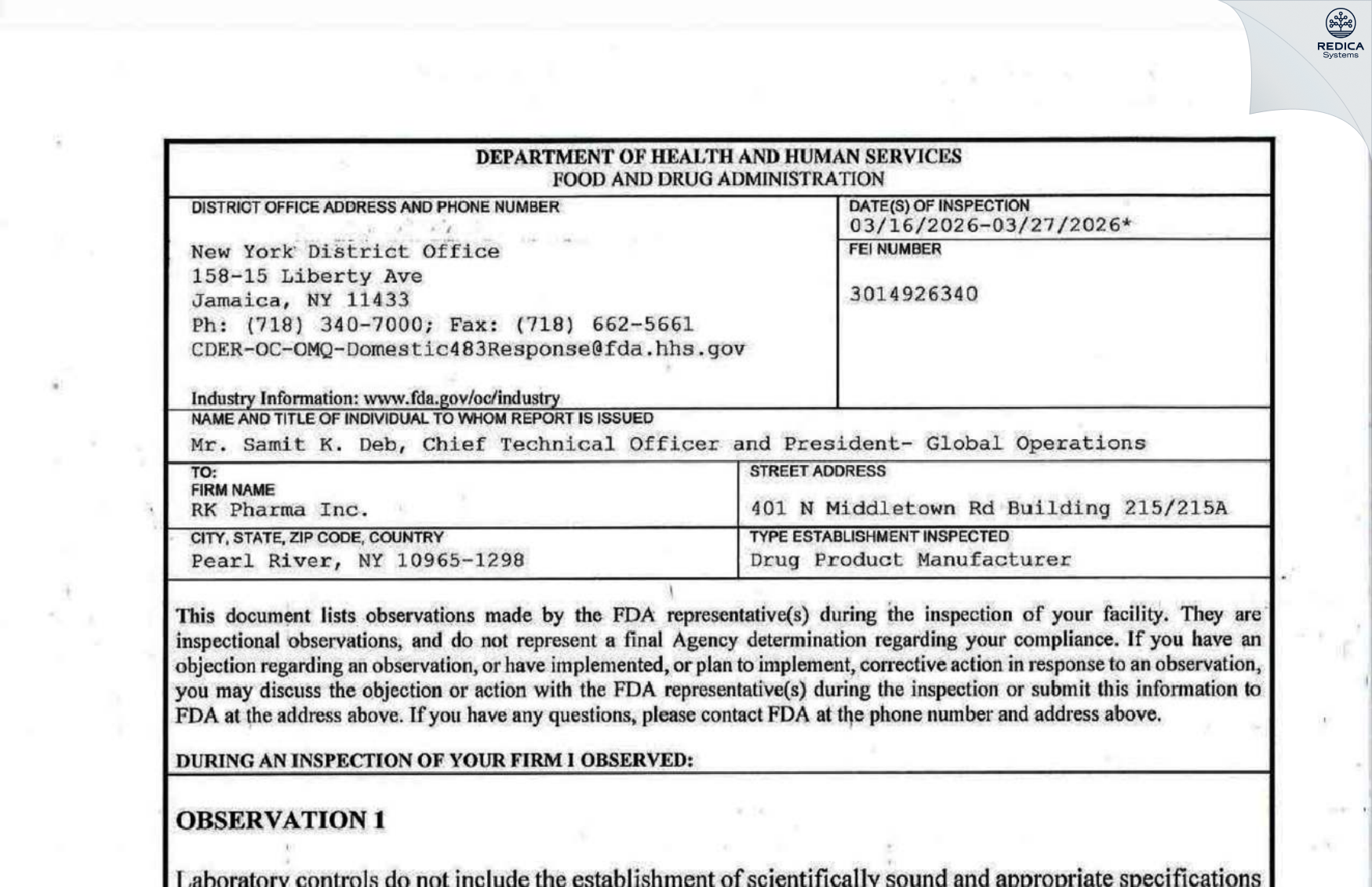 FDA 483 - RK PHARMA INC [Pearl River / United States of America] - Download PDF - Redica Systems