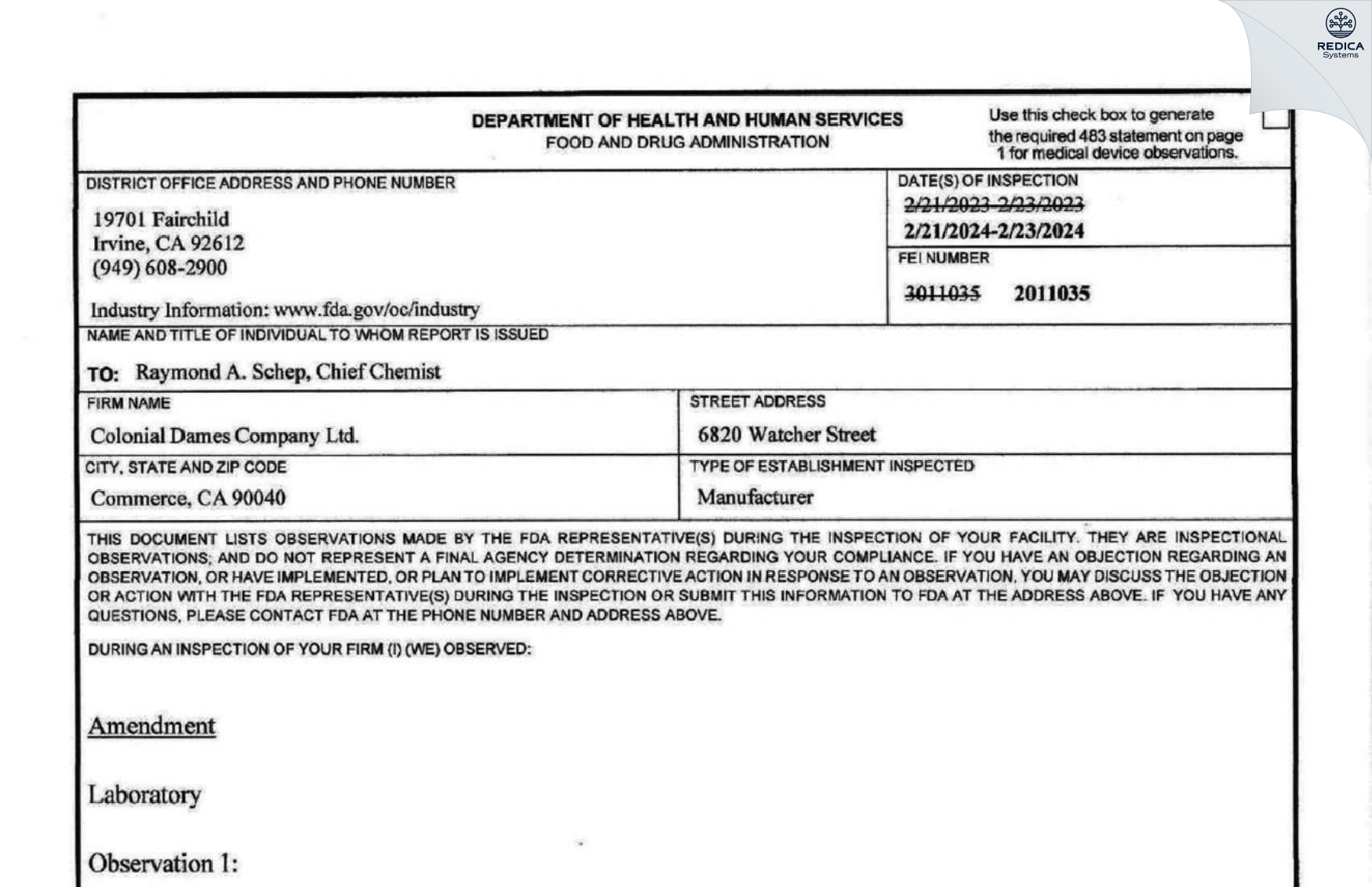 FDA 483 - COLONIAL DAMES CO LTD [Commerce / United States of America] - Download PDF - Redica Systems