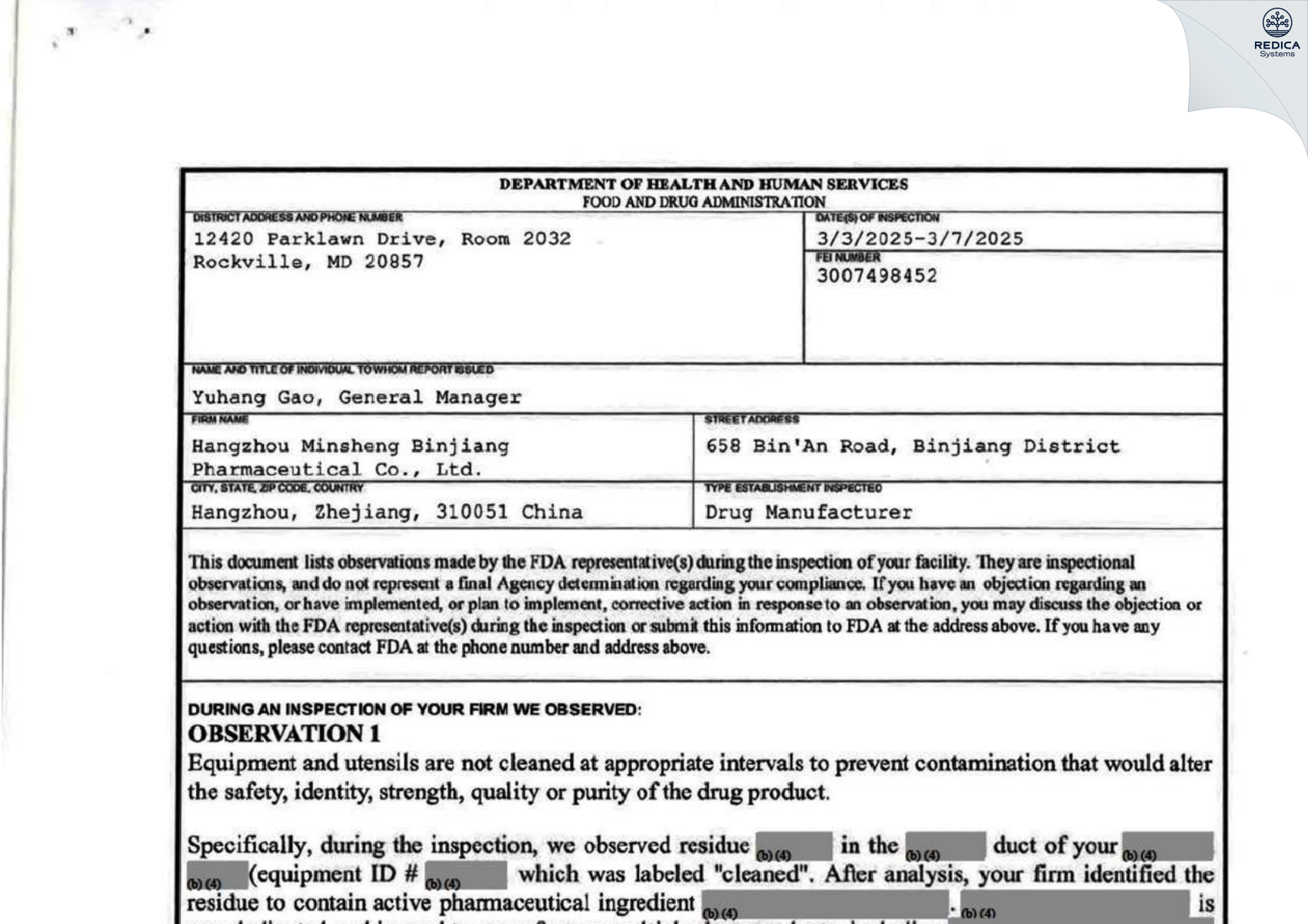 FDA 483 - Hangzhou Minsheng Binjiang Pharmaceutical CO., Ltd [Binjiang / China] - Download PDF - Redica Systems