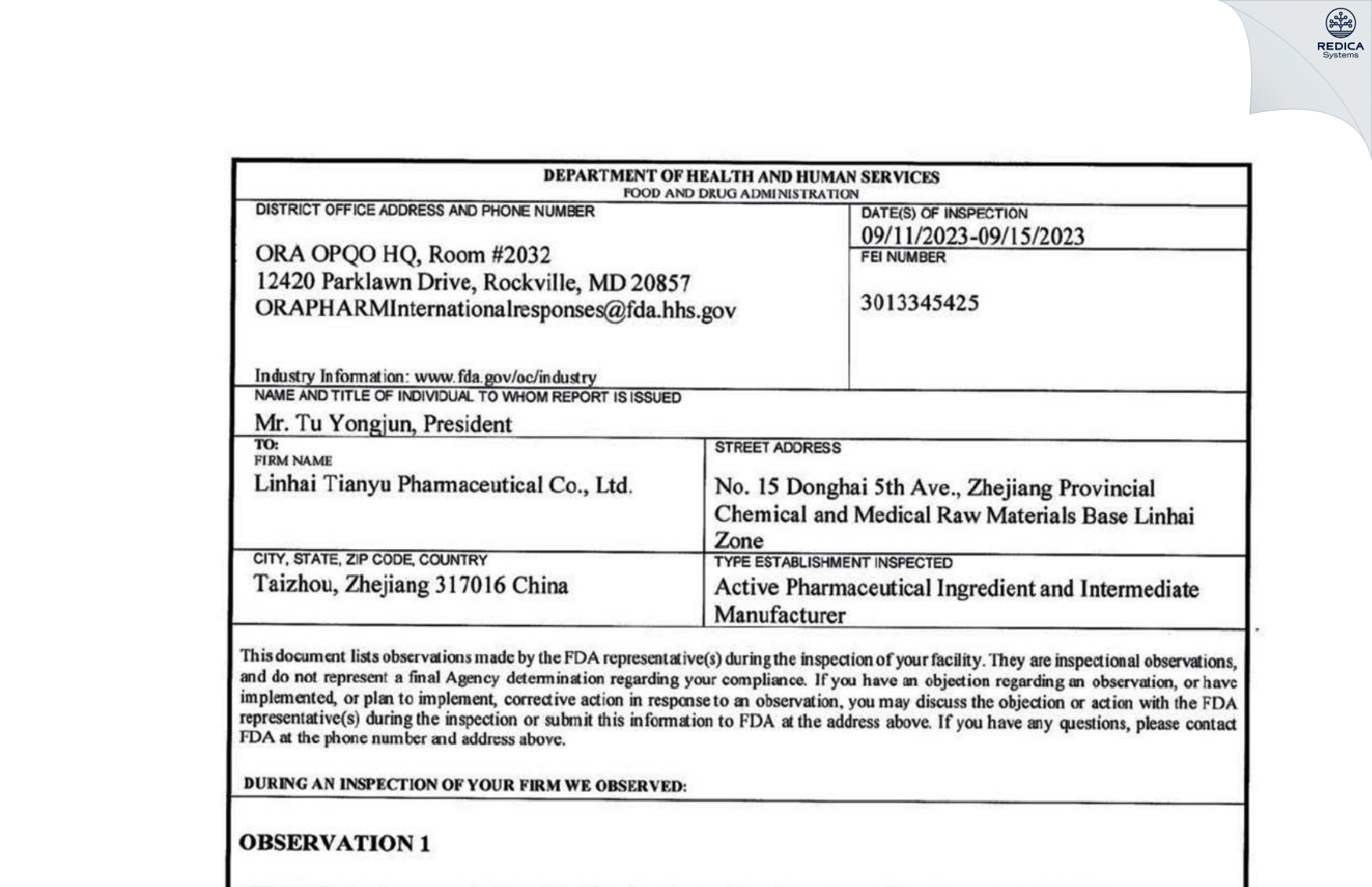 FDA 483 - Linhai Tianyu Pharmaceutical Co., Ltd. [Linhai / China] - Download PDF - Redica Systems
