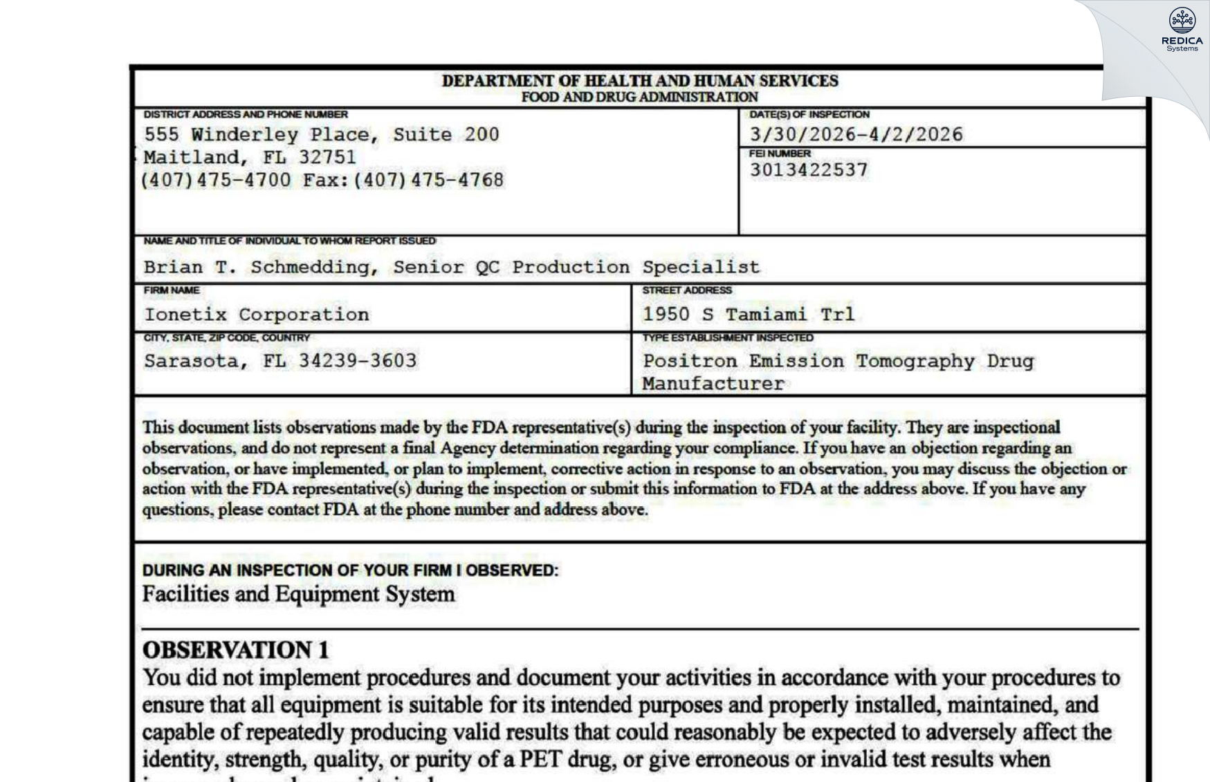 FDA 483 - Ionetix Corporation [Venice / United States of America] - Download PDF - Redica Systems