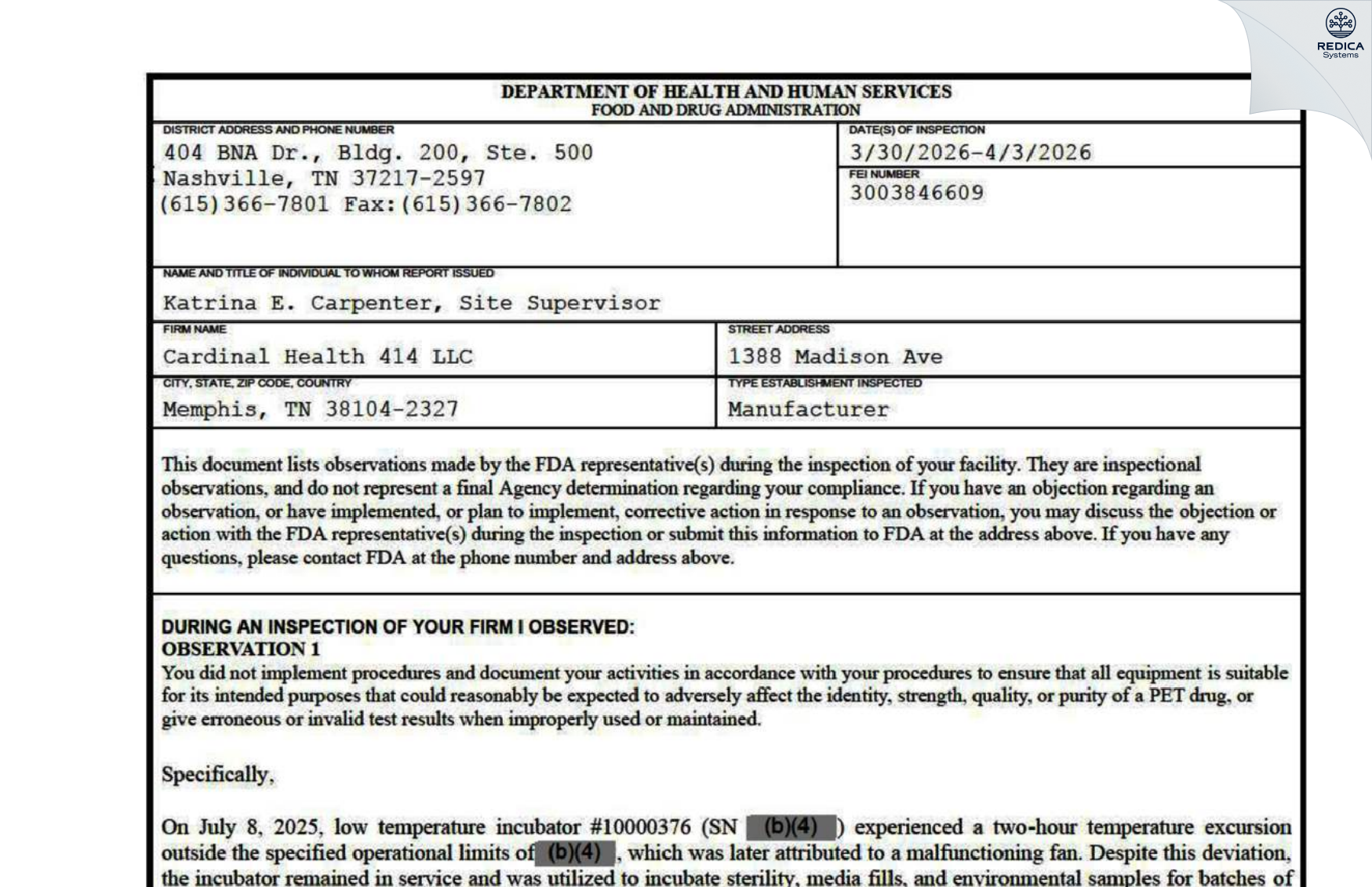 FDA 483 - Cardinal Health 414, LLC [Memphis / United States of America] - Download PDF - Redica Systems
