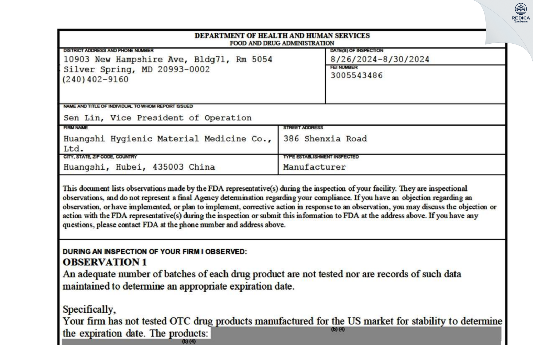 FDA 483 - Huangshi Hygienic Material Medicine Co. Ltd [Huangshi / China] - Download PDF - Redica Systems