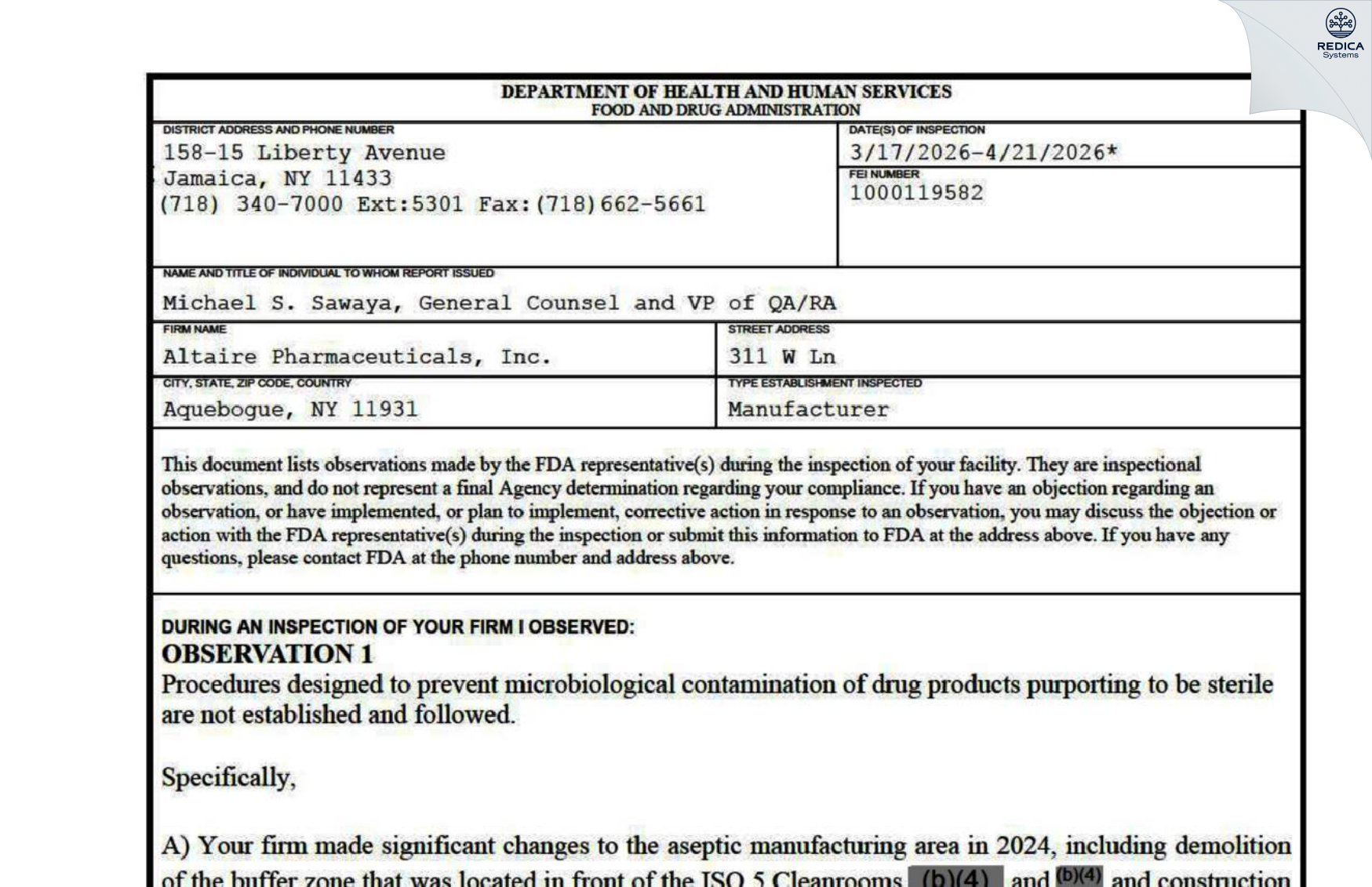 FDA 483 - Altaire Pharmaceuticals Inc. [Riverhead / United States of America] - Download PDF - Redica Systems