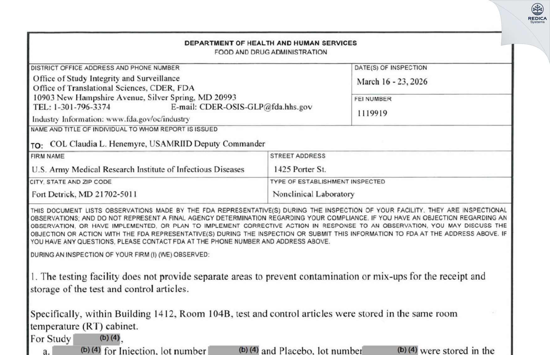 FDA 483 - U.S. Army Medical Research Institute of Infectious Diseases [Frederick / United States of America] - Download PDF - Redica Systems