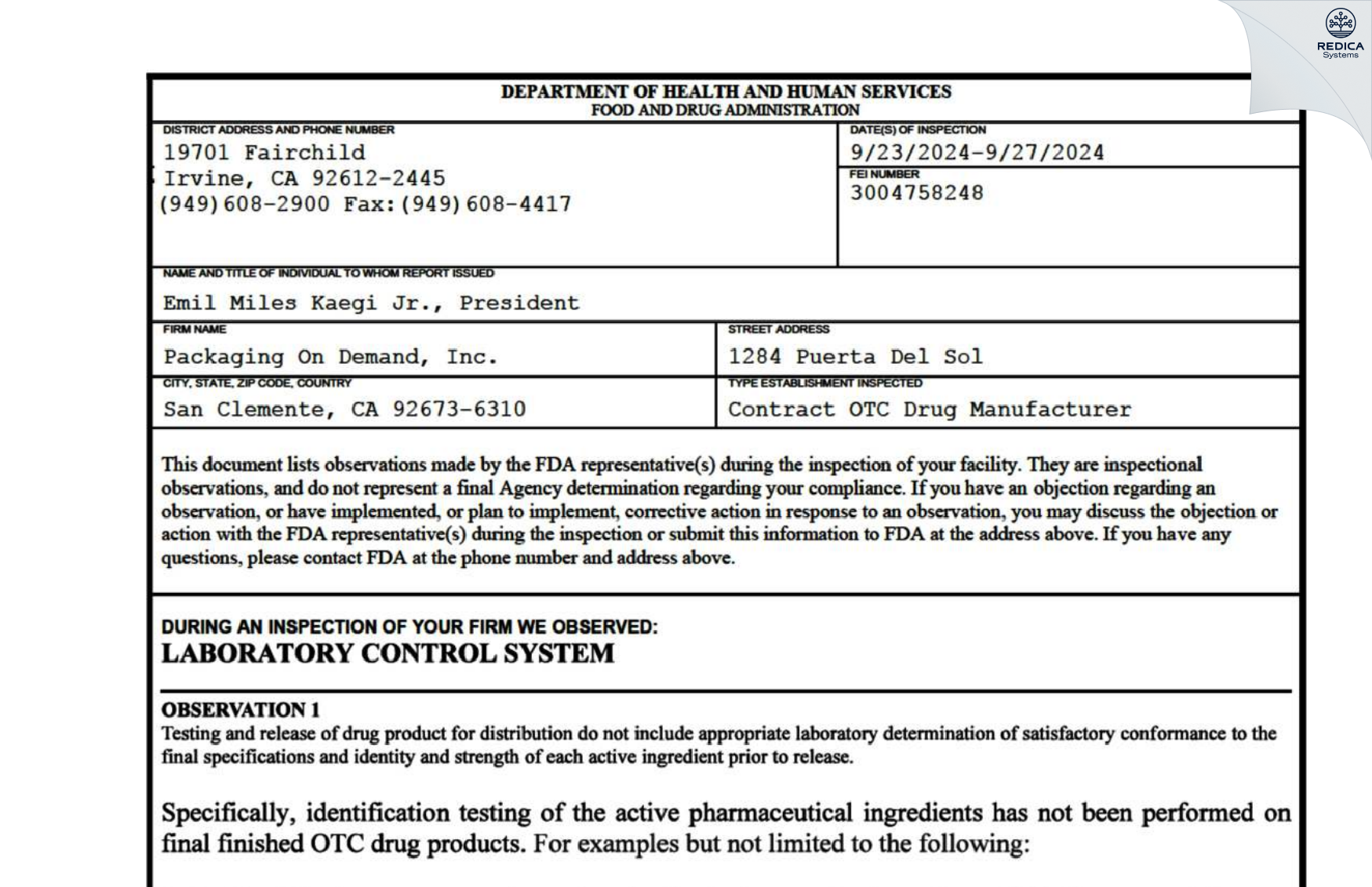 FDA 483 - Packaging On Demand, Inc. [San Clemente / United States of America] - Download PDF - Redica Systems