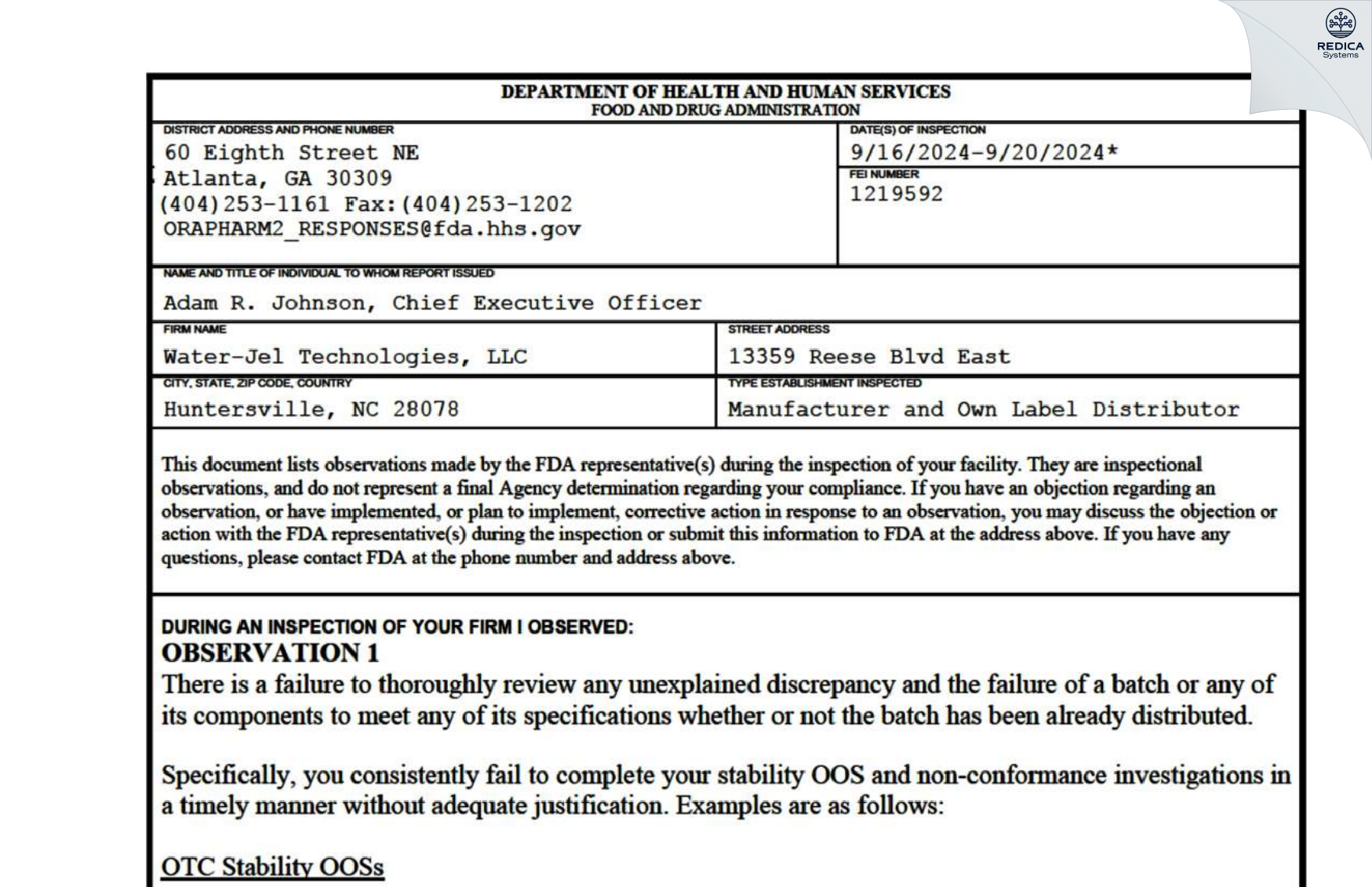 FDA 483 - Water-Jel Technologies [Harrisburg / United States of America] - Download PDF - Redica Systems