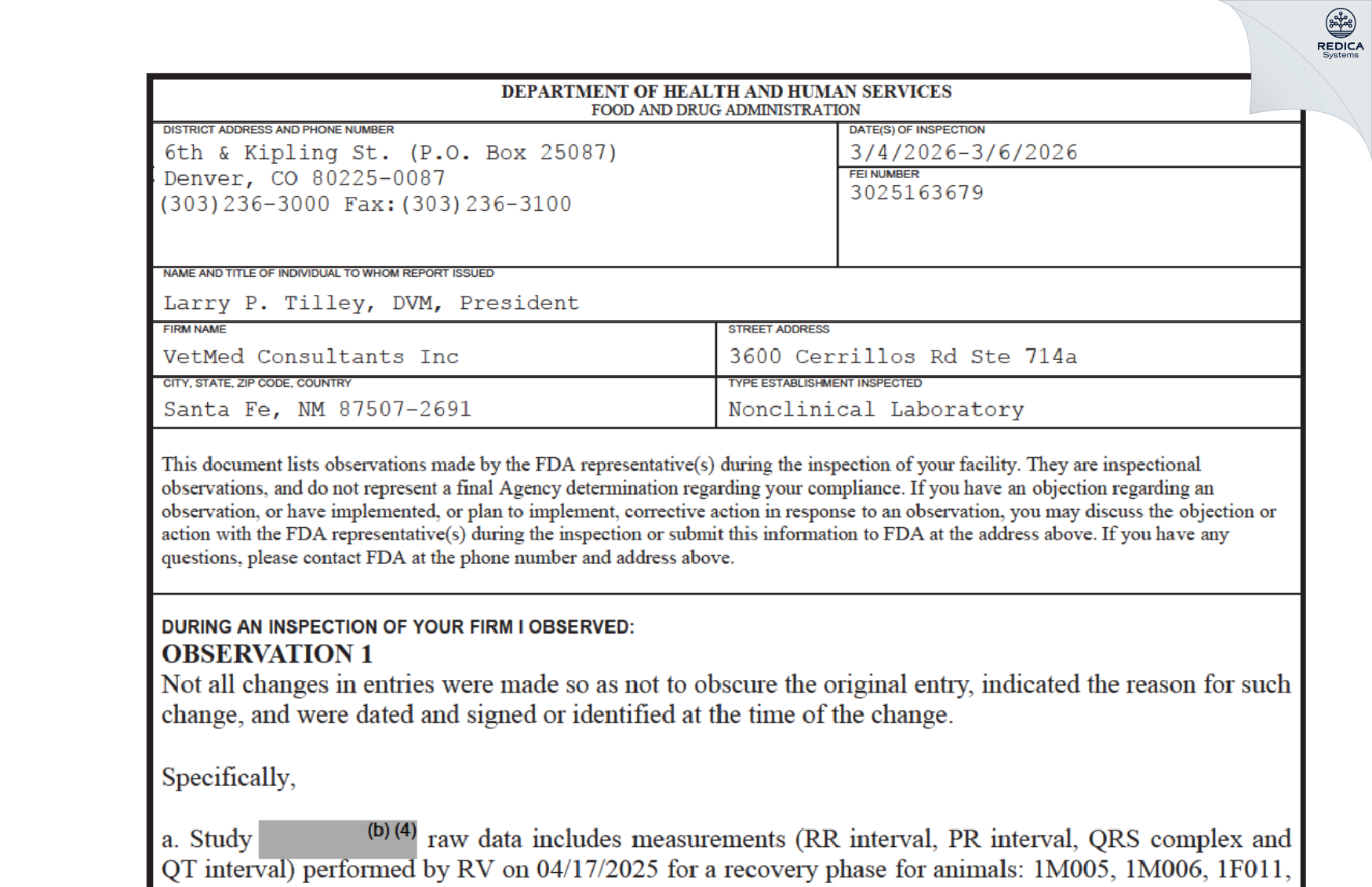 FDA 483 - VetMed Consultants Inc [Santa Fe / United States of America] - Download PDF - Redica Systems