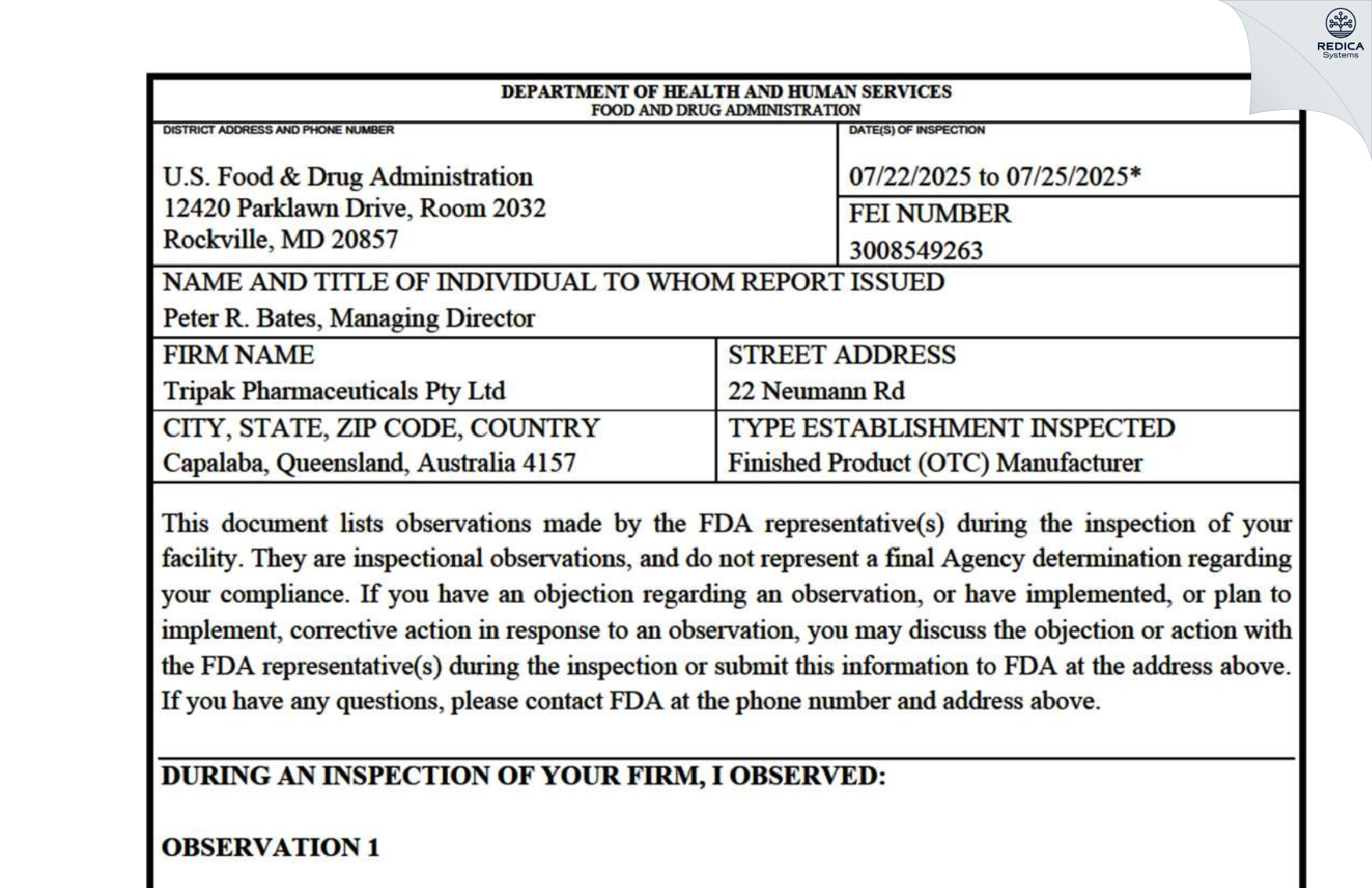 FDA 483 - Tripak Pharmaceuticals Pty Ltd [Brisbane / Australia] - Download PDF - Redica Systems