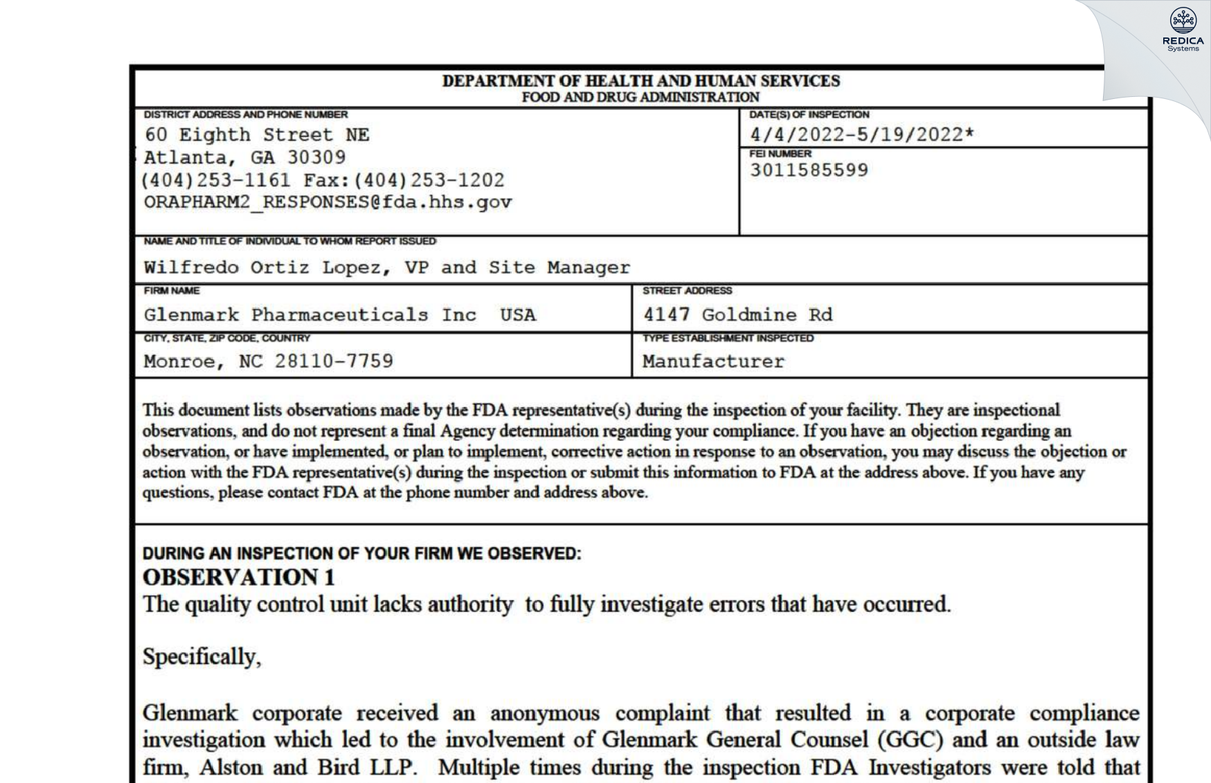 FDA 483 - Glenmark Pharmaceuticals Inc., USA [Monroe / United States of America] - Download PDF - Redica Systems